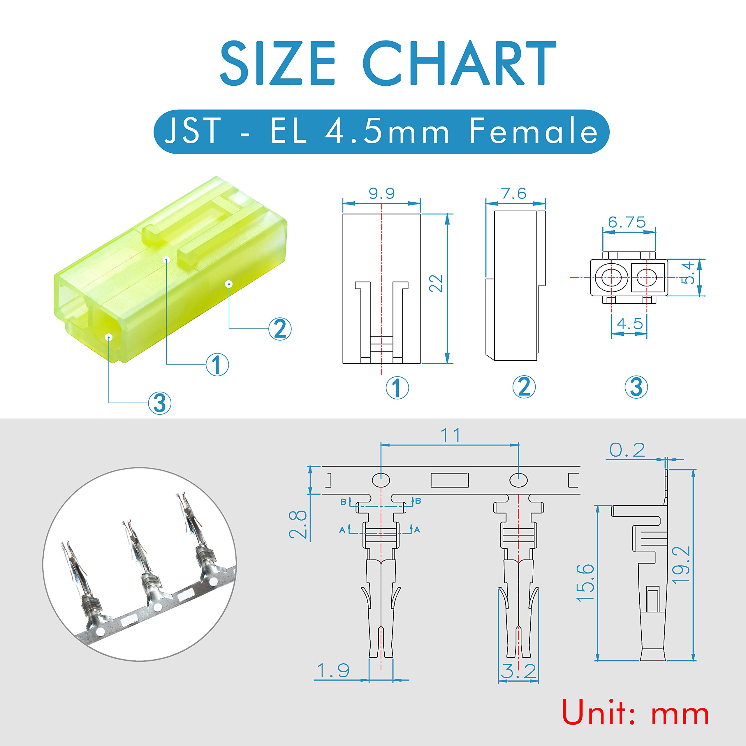 CQRobot JST EL 4,5 mm Paso 2-Pines Conector IC Macho Enchufe, Hembra Receptáculo Carcasa y Macho/Hembra T Forma Engarce Terminal. 50 Juegos / 300 Piezas Cable a Cable Adaptador Componentes.