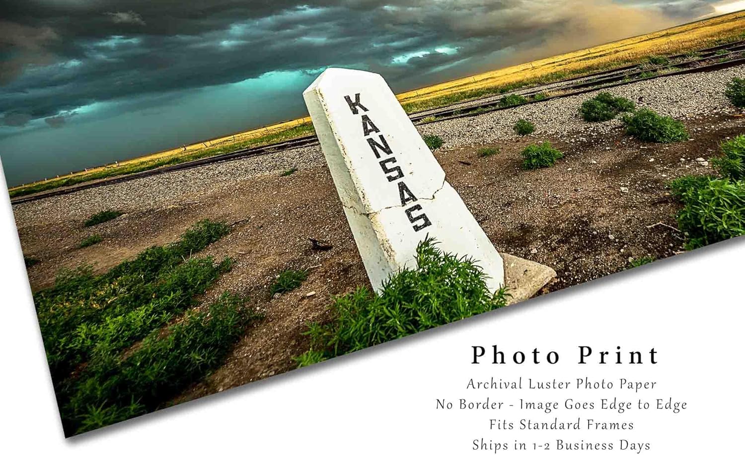 Storm Photography Print (Not Framed) Picture of Railroad Post and Thunderstorm at State Line of Kansas Great Plains Wall Art Western Decor (11" x 14")