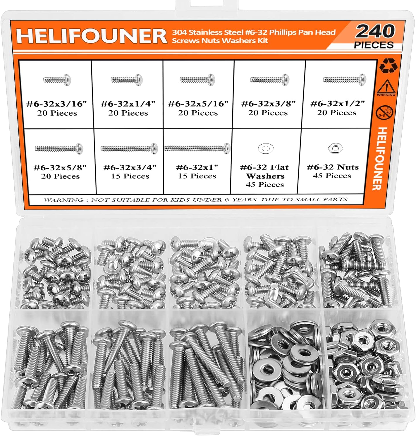 240 Pieces #6-32 Phillips Pan Head Machine Screws Nuts Washers Assortment Kit, Coarse Thread, Fully Machine Threaded, 304 Stainless Steel