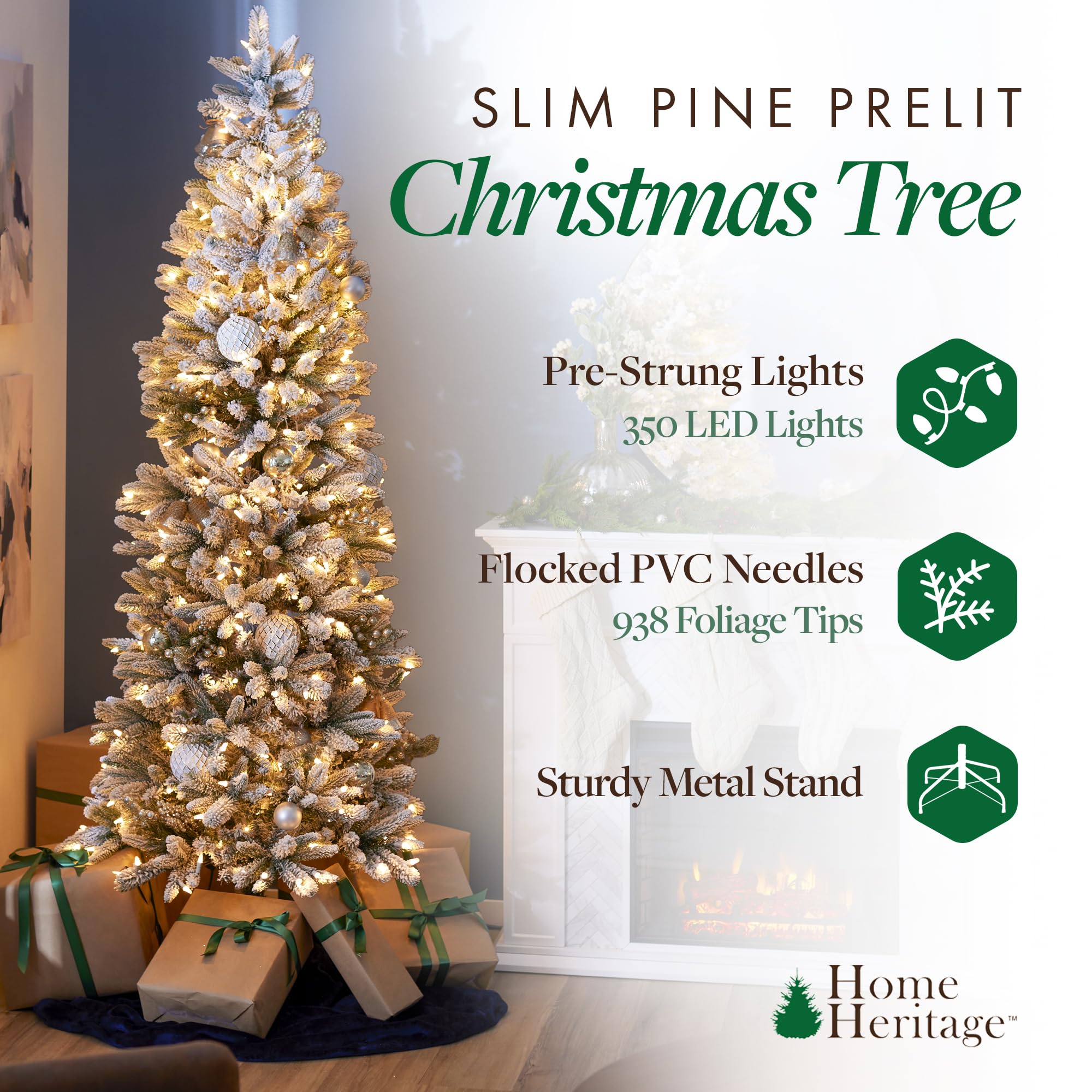 Home Heritage Anson 7 Foot Flocked Skinny Slim Pine Pre-Lit Artificial Christmas Tree Holiday Decor with 350 Clear White Lights, Green