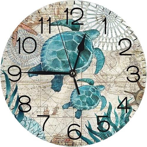 Silent - Reloj de pared redondo sin tictac, diseño vintage de tortugas marinas y estrellas de mar, decoración del hogar, funciona con pilas, para