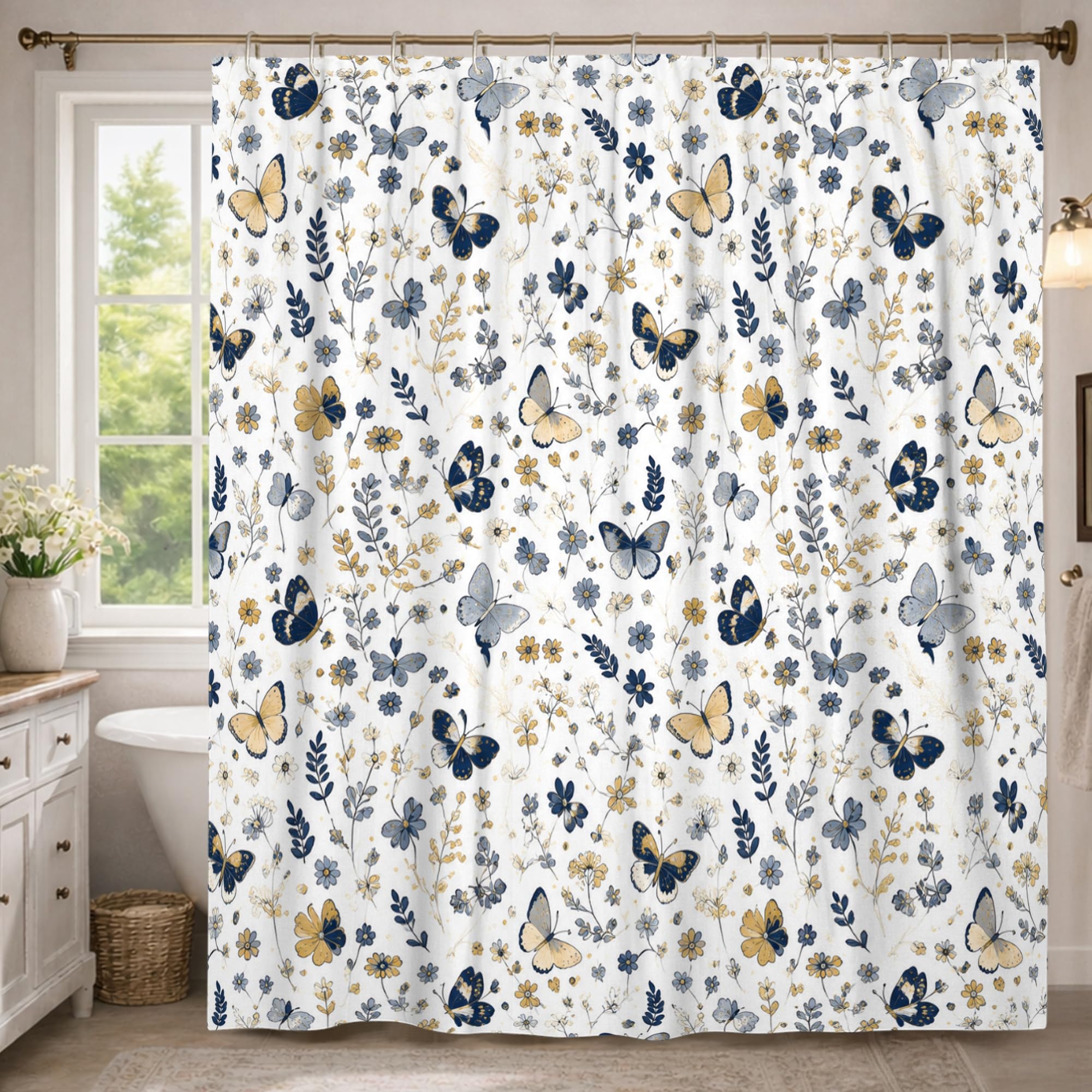 Rideau de douche extra long motif papillon fleurs bleues 183 x 243 cm avec crochets
