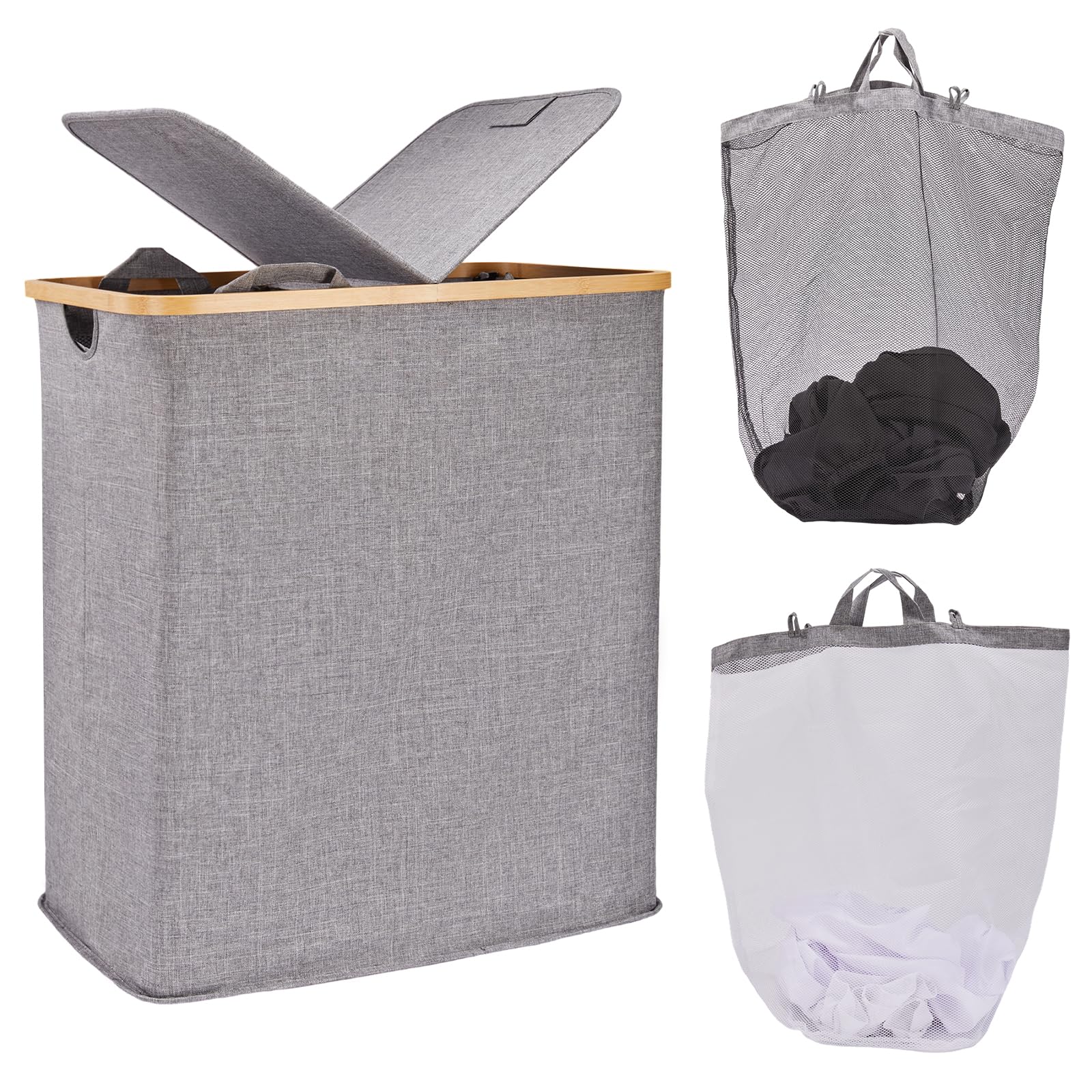 LN COZY CORNER 140L Laundry Basket with Lid, Large Double Laundry Hamper with 2 Removable Bags, Foldable Laundry Basket with Lid for Clothes Storage, Laundry Organisation & Bedroom Storage (Grey)