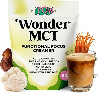 POW Wonder MCT - Functional Focus Mushroom Coffee Creamer, Organic Coconut MCT Oil Powder with Lions Mane Mushroom, Reishi, Cordyceps, L-Theanine - Plant Based MCT Coffee Creamer, Up to 50 Servings