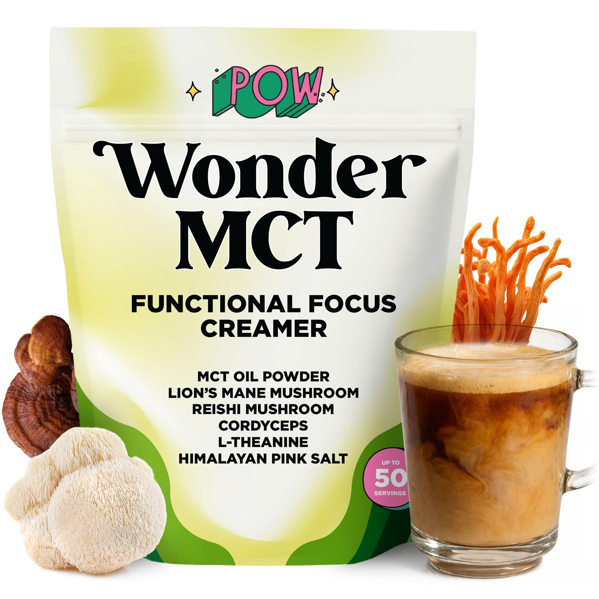 POW Wonder MCT | Mushroom MCT Coffee Creamer, Organic MCT Oil, Lion's Mane Mushroom, Reishi, Cordyceps, L-Theanine, Pink Sea Salt
