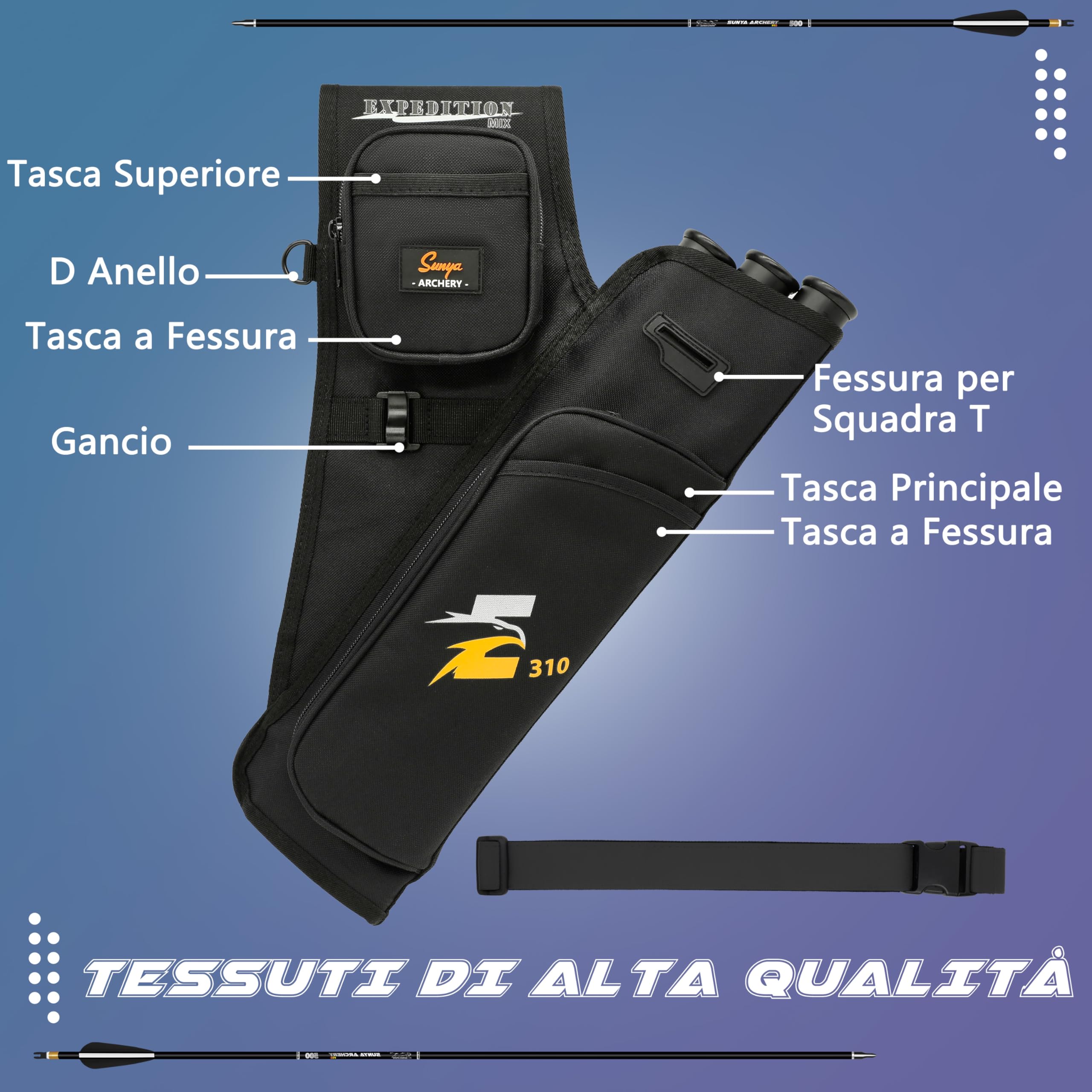 Sunya faretra per frecce Arco. Include 3 Tubi portafrecce, Tasche per Accessori e Cintura. Adatto per Archi Compound e recurve. - 3