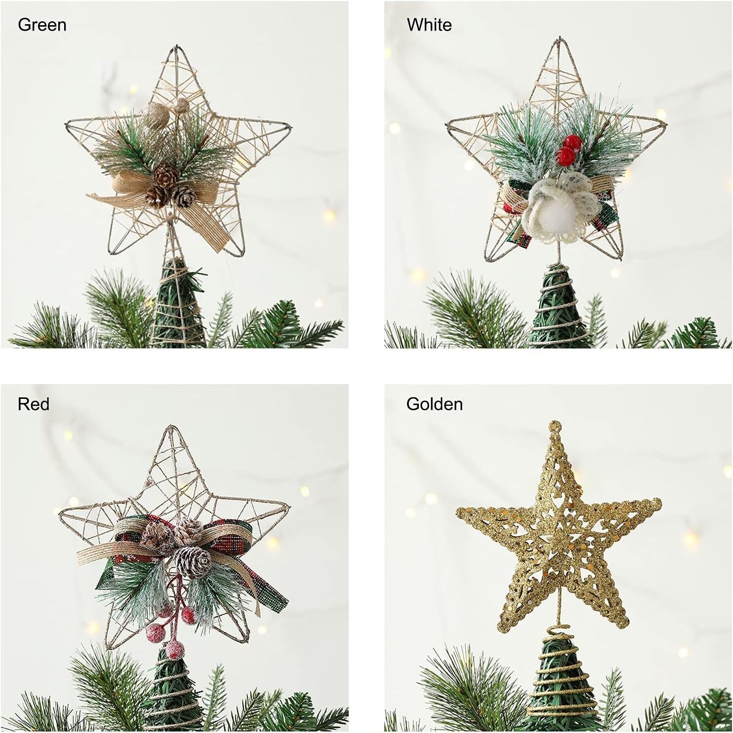 Árbol de Navidad Topper estrella iluminada árbol T Adorno for árbol de Navidad, estrella de Metal con purpurina, adorno for árbol con bayas rojas y ramas de pino, adornos rústicos naturales for copa d