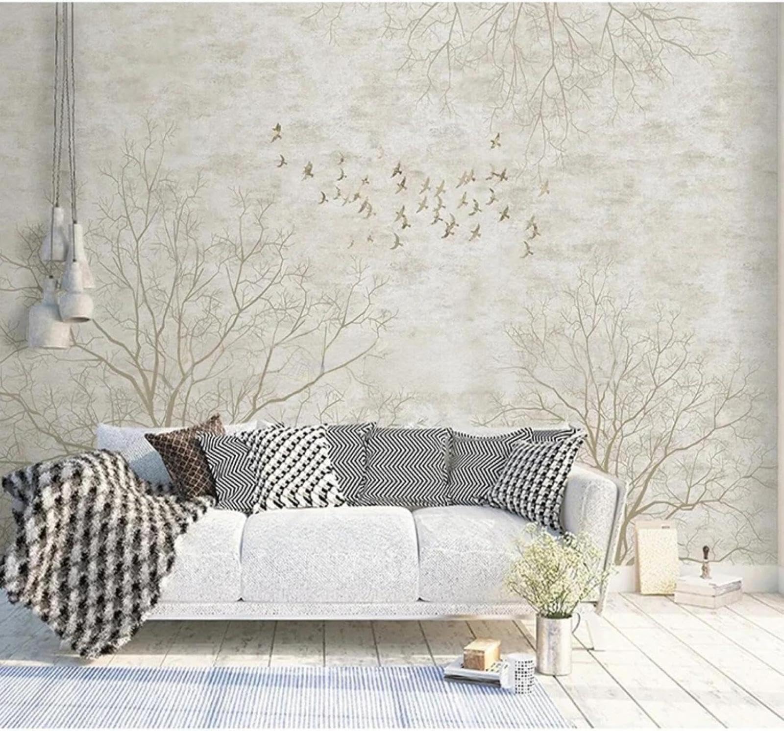 Tzxztt Retro Style Grey Branches Birds Modern 3D Wallpaper Premium Textured Silk Neutral Tones Material Ideal for Living Room Bedroom-430cm×300cm