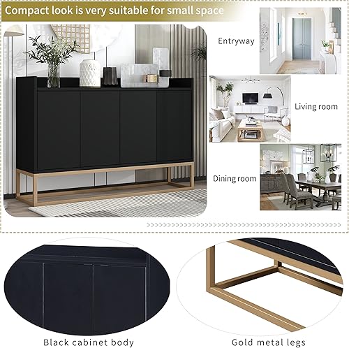 Miniatura 8 de LUMISOL Aparador negro con encimera de valla de 4 puertas con estante ajustable y base de metal para entrada