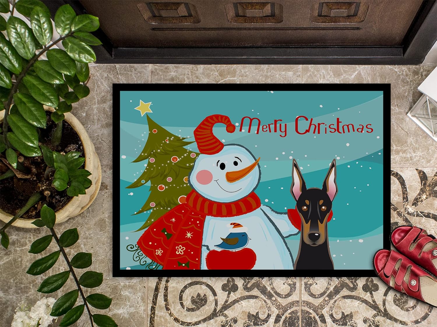 Caroline's Treasures BB1865MAT Snowman with Doberman Doormat 18x27 Front Door Mat Indoor Outdoor Rugs for Entryway, Non Slip Washable Low Pile, 18H X 27W