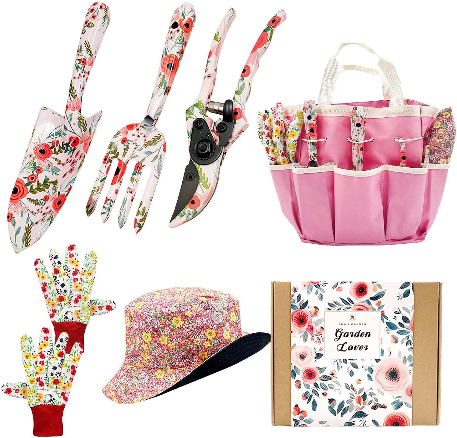 SNAIL GARDEN 6Pcs Garden Tools with Reversible Fisherman Sun Hat & Storage Bag,Gardening Hand Tools, Durable Rust-Proof Gardening Supplies, Garden Kit for Women Female Gardeners