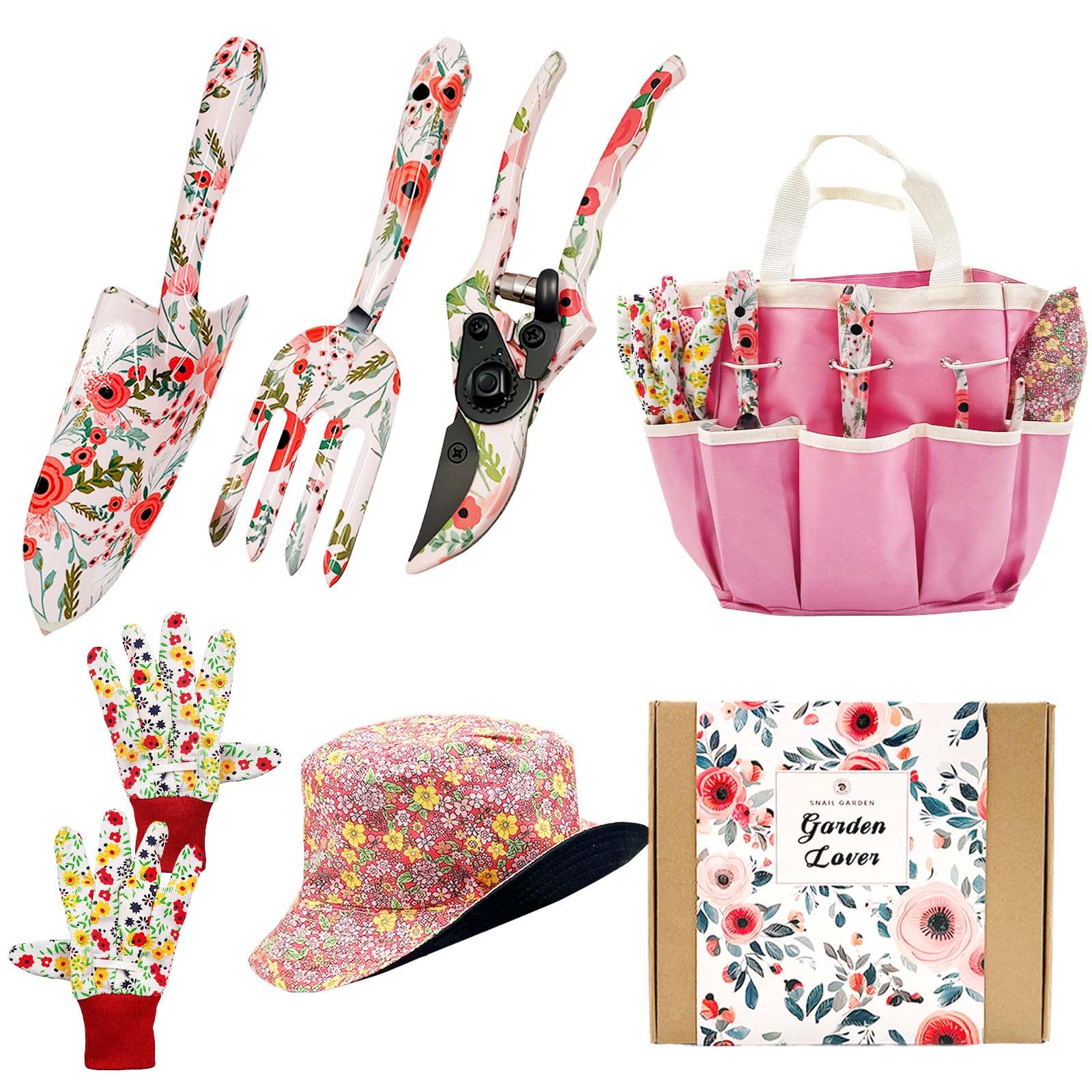 SNAIL GARDEN 6 attrezzi da giardino con cappello da sole reversibile da pescatore e borsa portaoggetti, attrezzi da giardinaggio durevoli, antiruggine, kit da giardino per donne giardiniere