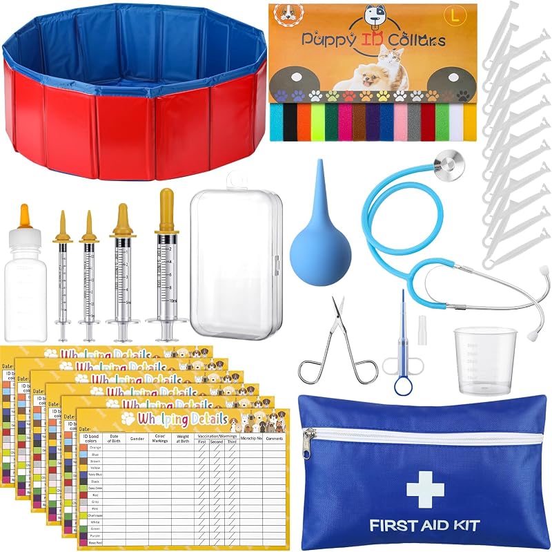 Arrowbash 57 Pcs Puppy Kitten Whelping Supplies Whelping Kit for Puppies Birth Dog Kitten Bottle Feeding Kit for New Born Puppy Supplies Include Feeding Tube Etc(40 in Diameter)