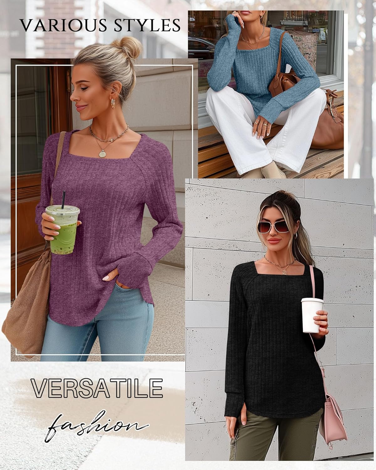 3 Pack Women's Long Sleeve Shirts, Square Neck Loose Fit Tunic Tops Fall Winter Casual Lightweight Sweaters - Image 2