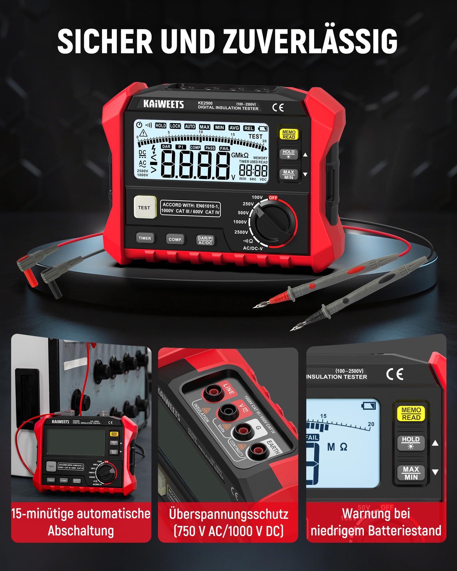 KAIWEETS Isolationswiderstandsmessgerät, bis zu 200 GΩ, Profi-Megohmmeter, 100 V/250 V/500 V/1000 V/2500 V, One-Touch-DAR/PI, misst Widerstand, Wechsel-/Gleichspannung für HLK, Motoren, Solar,