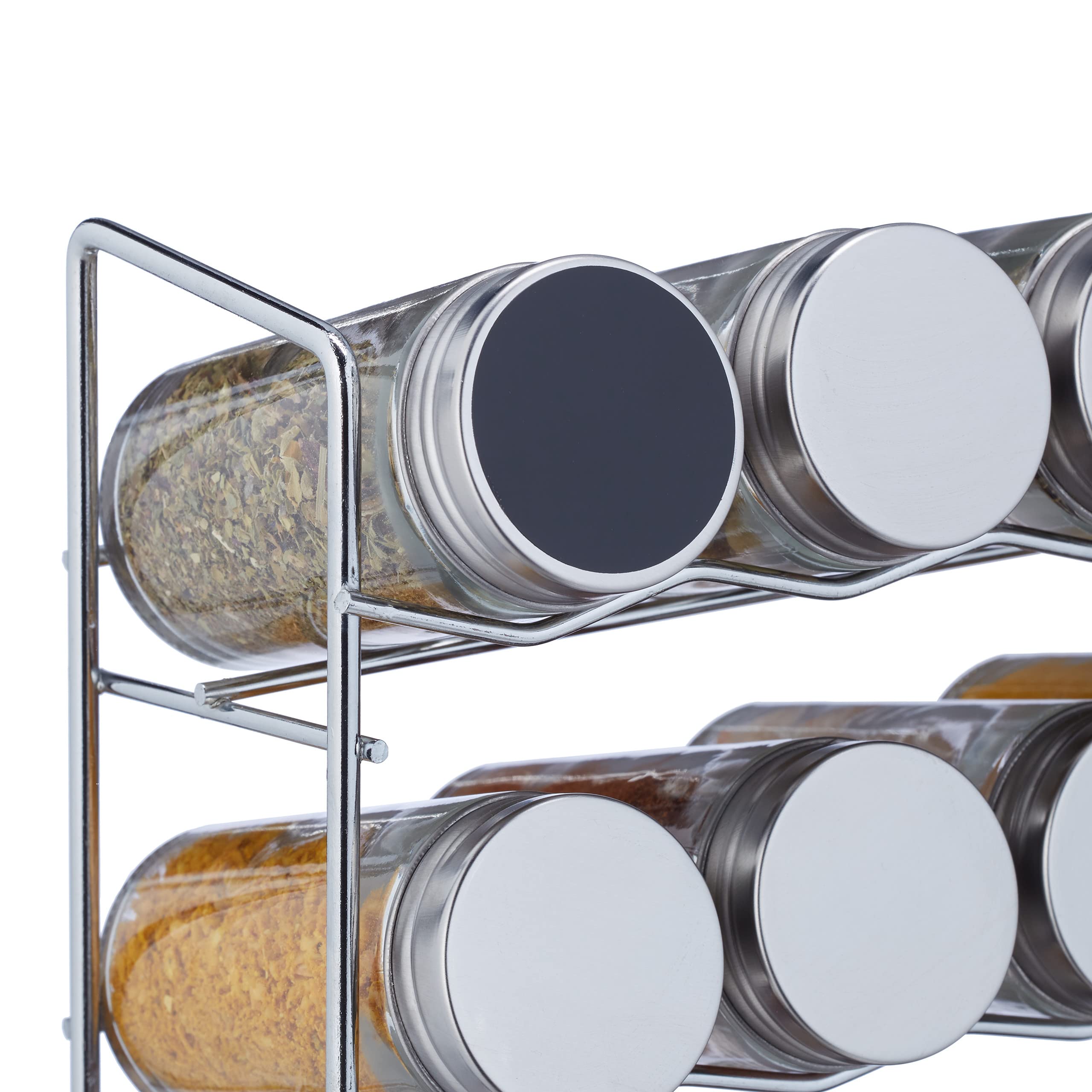 Relaxdays Étagère à épices avec 18 Pots en Verre, 36 étiquettes, Conservation épices, HxLxP : 22 x 29 x 9,5 cm, argenté