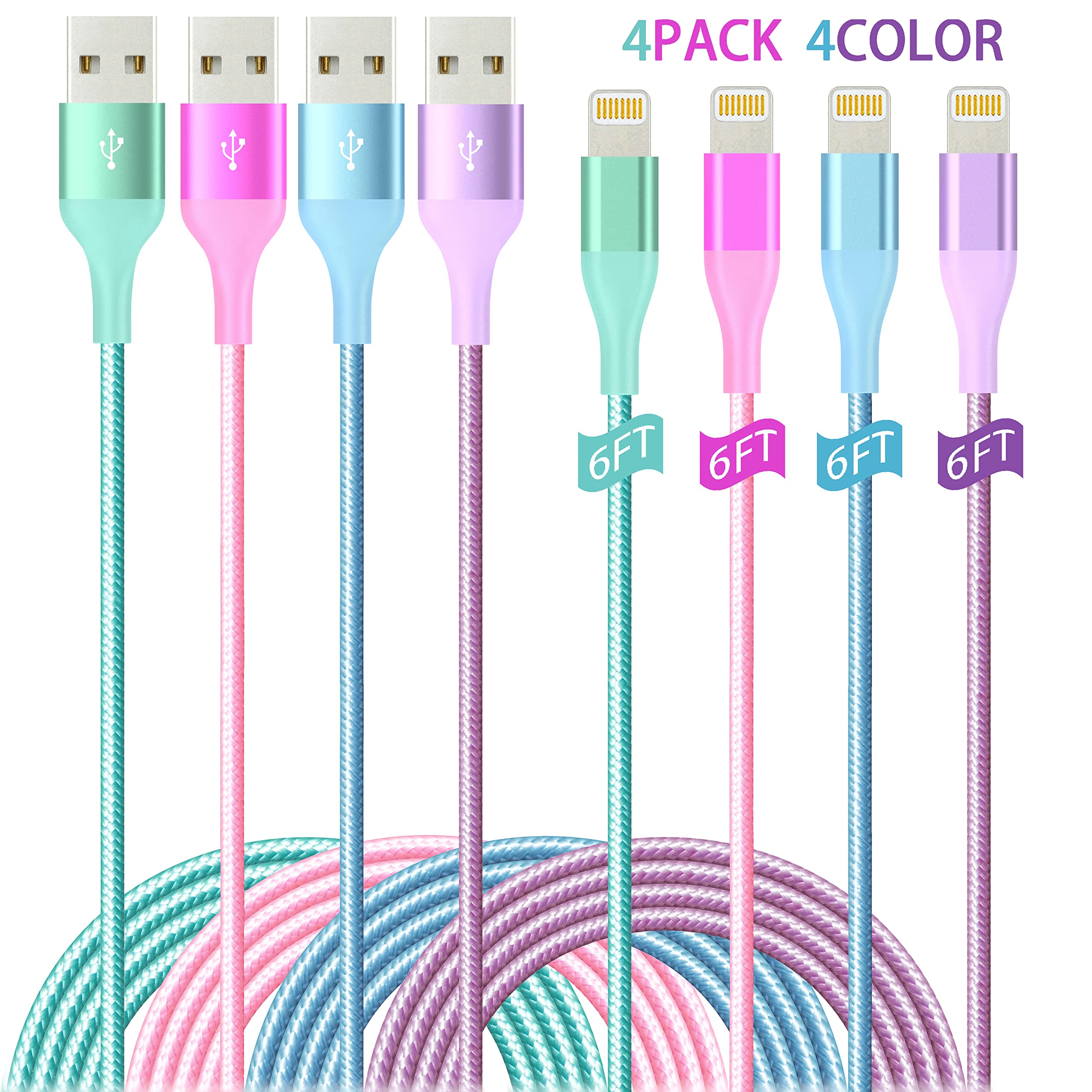 Paquete de 4 cables lightning de 6 pies en 4 colores para carga de iPhone, cable USB de nailon trenzado con certificación MFi para iPhone 13 12 11Pro MAX Xs XR X 8 7 6S 6 Plus SE 5S 5C, iPod y iPad 6