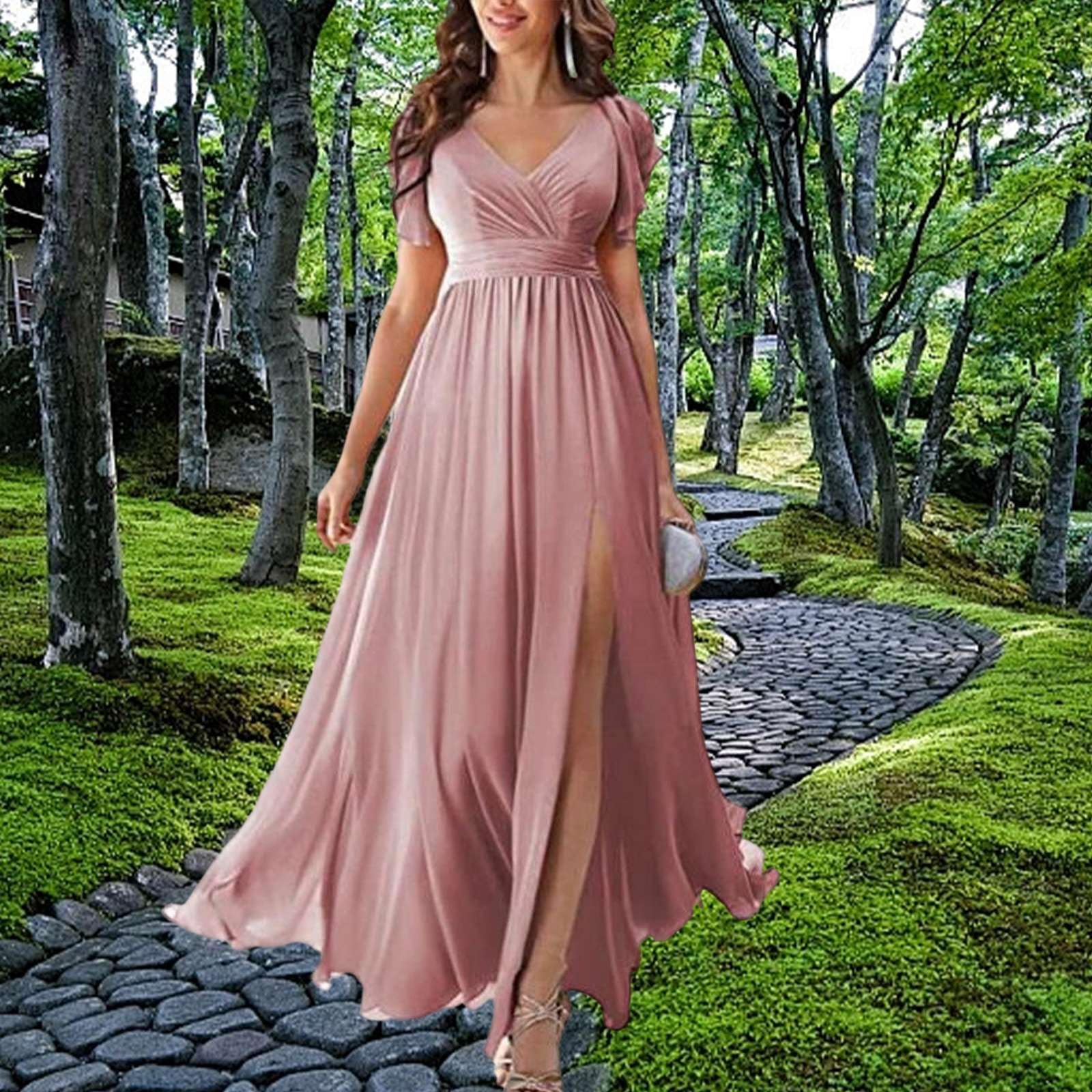 Vestidos de Fiesta Mujer Elegantes - Vestido Invitada Boda Largo Dama de Honor Cuello V Abertura Lateral Efecto Gasa Graduación Cóctel Cintura Alta Manga Volantes Fluido