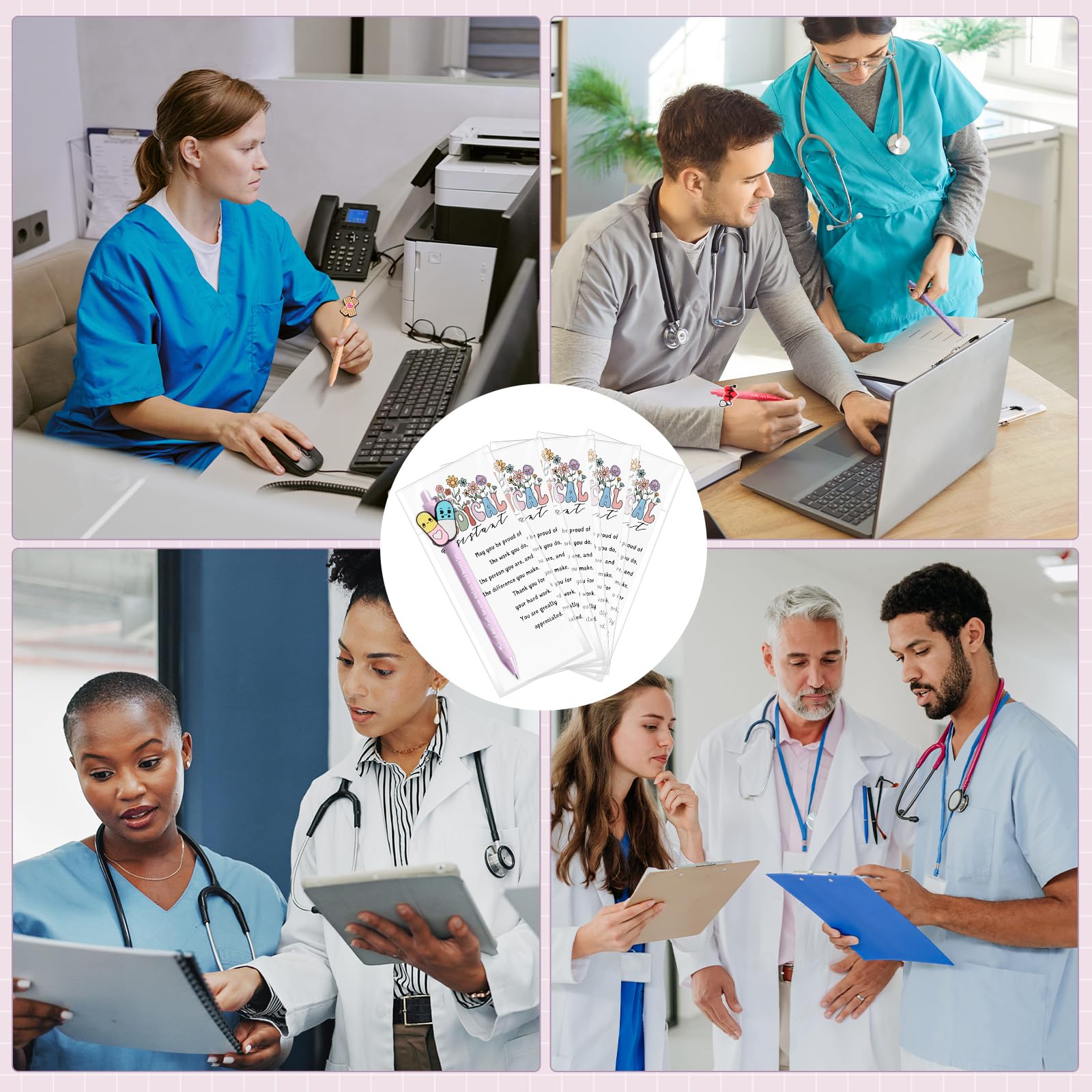Gersoniel 12 Sets Medical Assistant Gifts Funny Ballpoint Pens with Thank You Cards for Medical Assistant Week Appreciation Party Favors 5 Styles Office Accessories Essentials