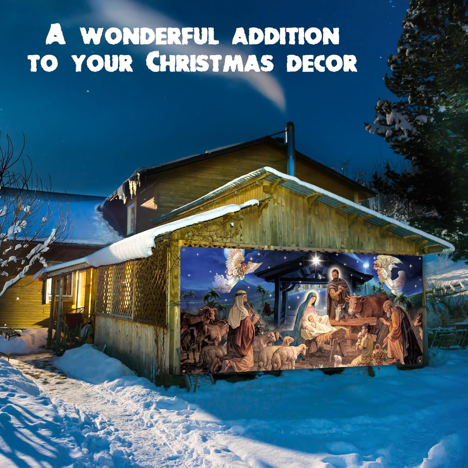 Blosssound Christmas Nativity Garage Door Cover 7 x 16 FT Christmas Garage Door Banner Decoration Nativity Religious Backdrop for Xmas Outdoor Church Party Supplies