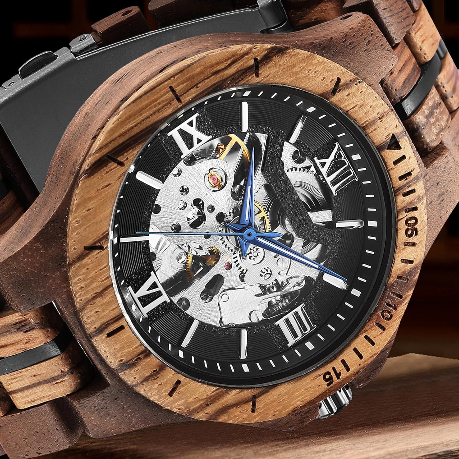 FORSINING Men's Solid Wood Mechanical Skeleton Watch, Vintage Wooden Band with Hollow Dial Wristwatch, Automatic Self-Wind Men Watches