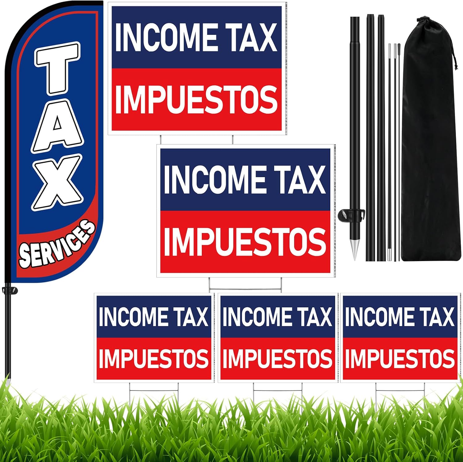 6 Set Financial Services Feather Flag Sign Includes 7ft Tall Advertising Banner and 5 Income Tax Impuestos Yard Sign with Ground Stake for Business Promotion Financial Services Tax
