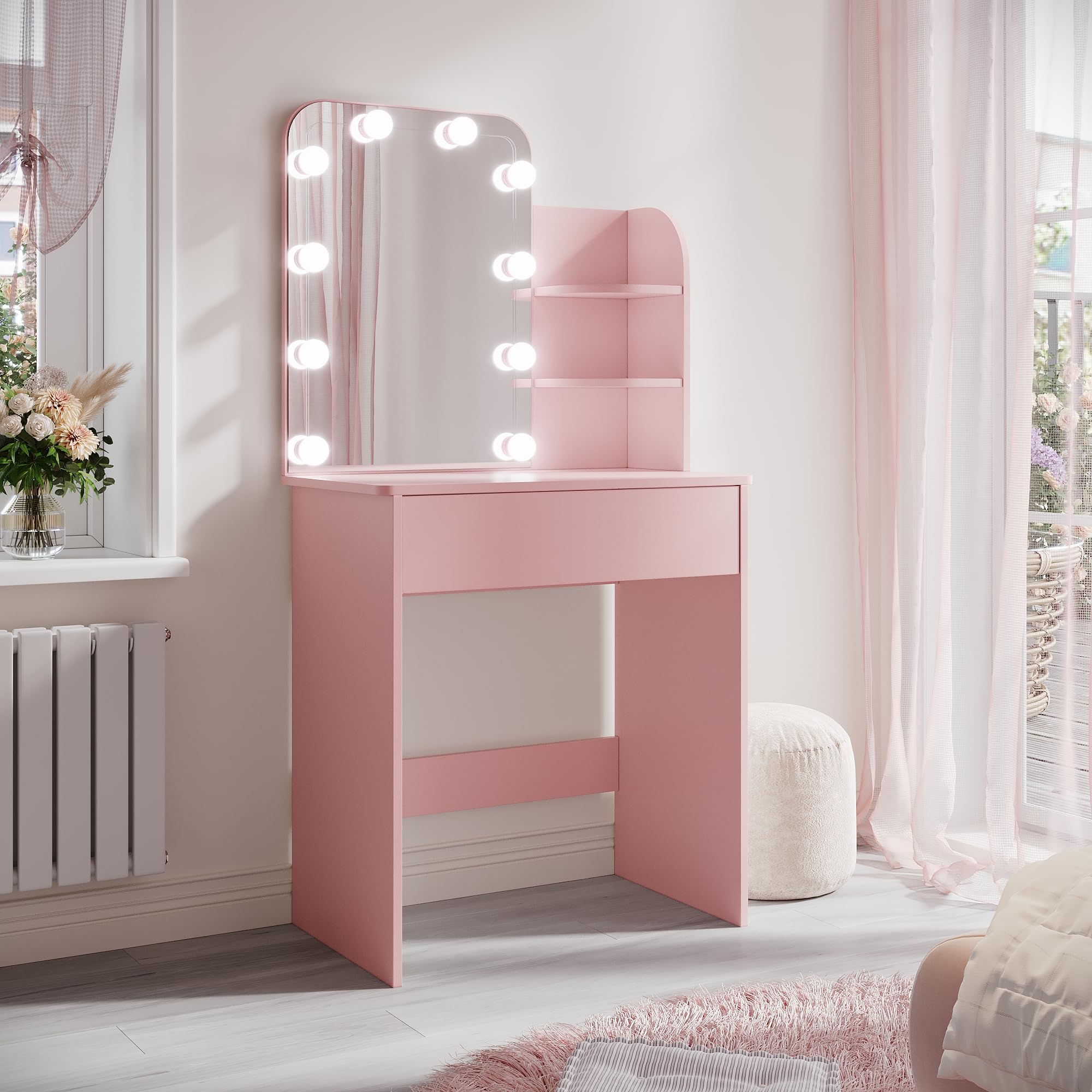SIRHONA Tavolo da trucco con specchio a LED con luminosità regolabile, con specchio, 1 cassetti e 2 ripiani, stile moderno, rosa
