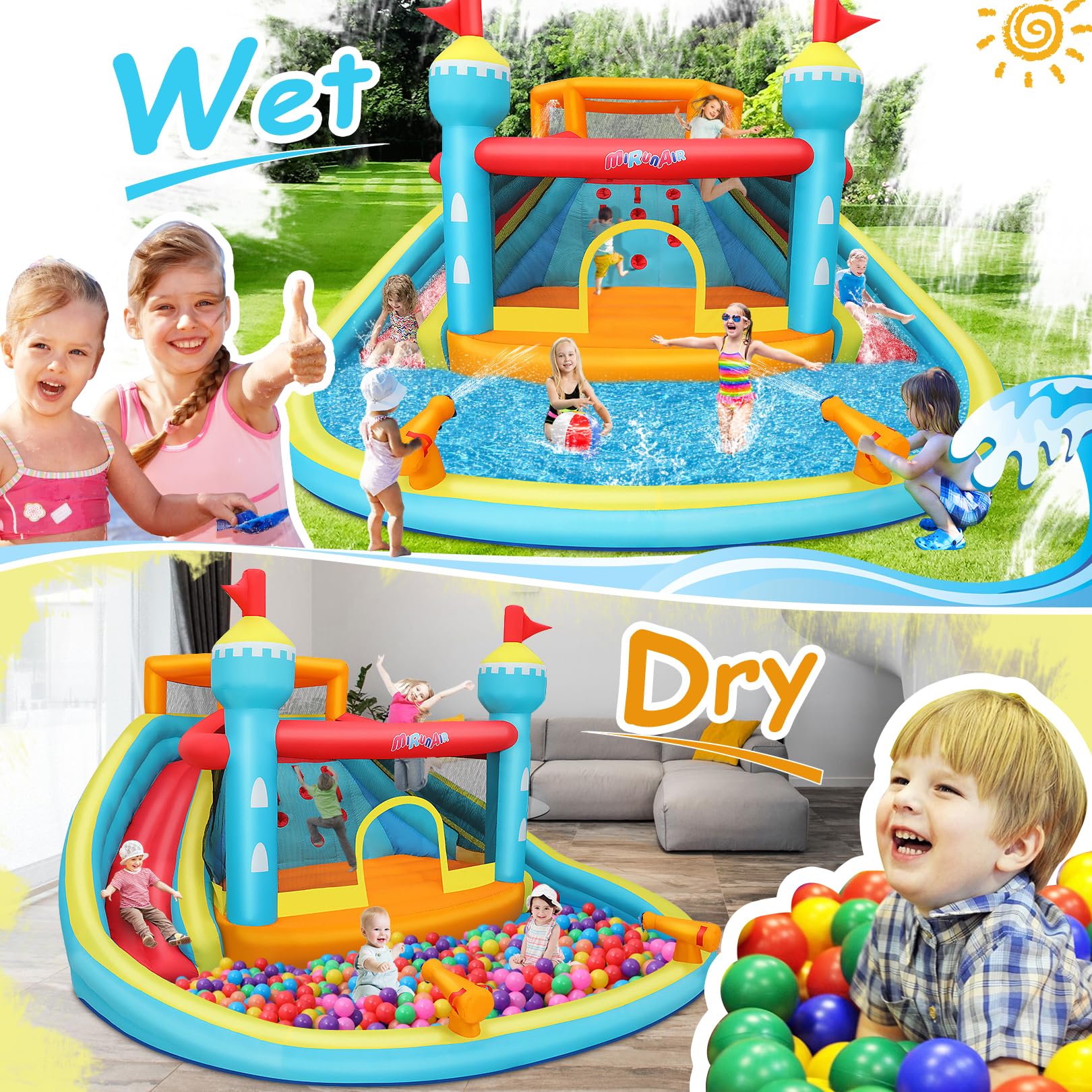 AKEYDIY Bounce House Water Slide, Inflatable Water Slide Park with with Long Slide, Pool, Climbing Wall, Water Gun for Outdoor, Blow up Water Slides Bounce House Castle for Kids Backyard Party Gifts