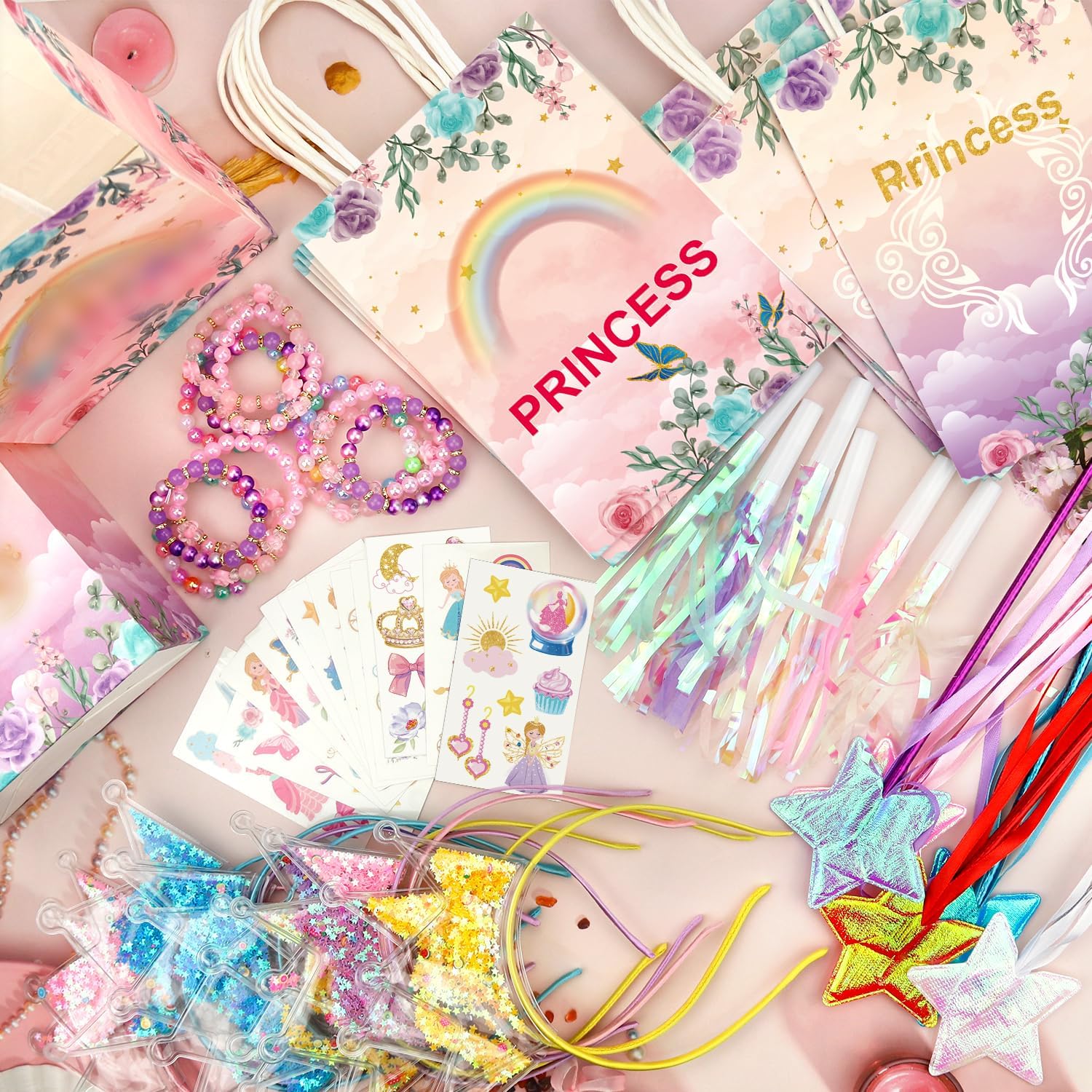 Princess Party Favors, Including 12 Glitter Star Fairy Wands,12 Princess Crowns ,12 Gift Bag,12 Stickers , 12 Party Blowers ,12 Bracelets, for Birthday Party Gifts Classroom Rewards Gifts