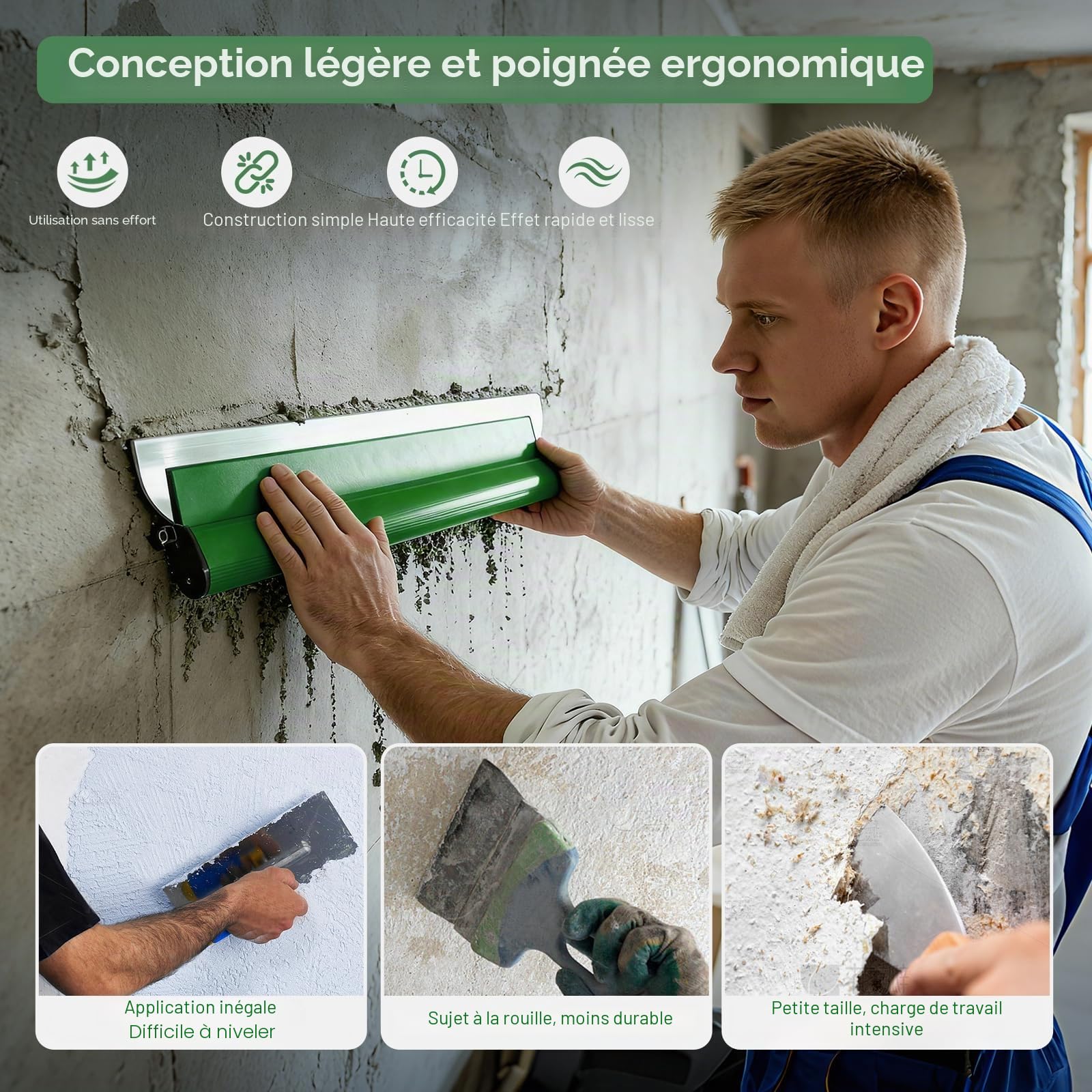 Kit de Spatule Enduit, Lames de mastic 25 cm, 40 cm et 60 cm, Mango de extensión de 76 cm a 160 cm, Spatule de Lissage en Acier Inoxydable, Outils de Cloison Sèche Grandes Surfaces