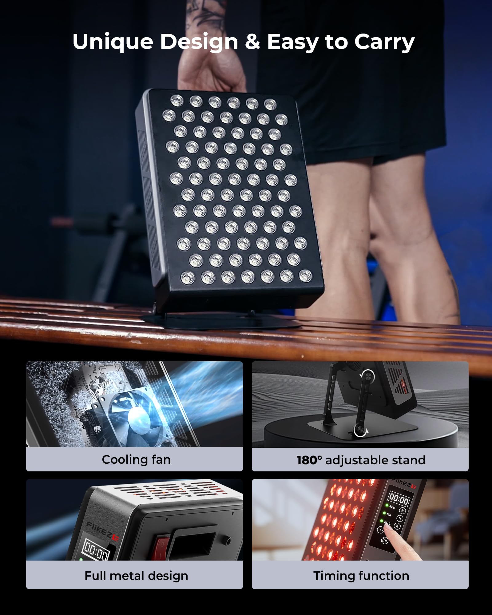 FliKEZE Infrarotlampe, 7 Wellenlängen, 78 LEDs Tri- & Quad-Chip, 460-880nm, Red Light Therapy, Schmerzlinderung, Muskelregeneration, Energieboost, Verstellbarer Ständer, Rotlichttherapie Panel