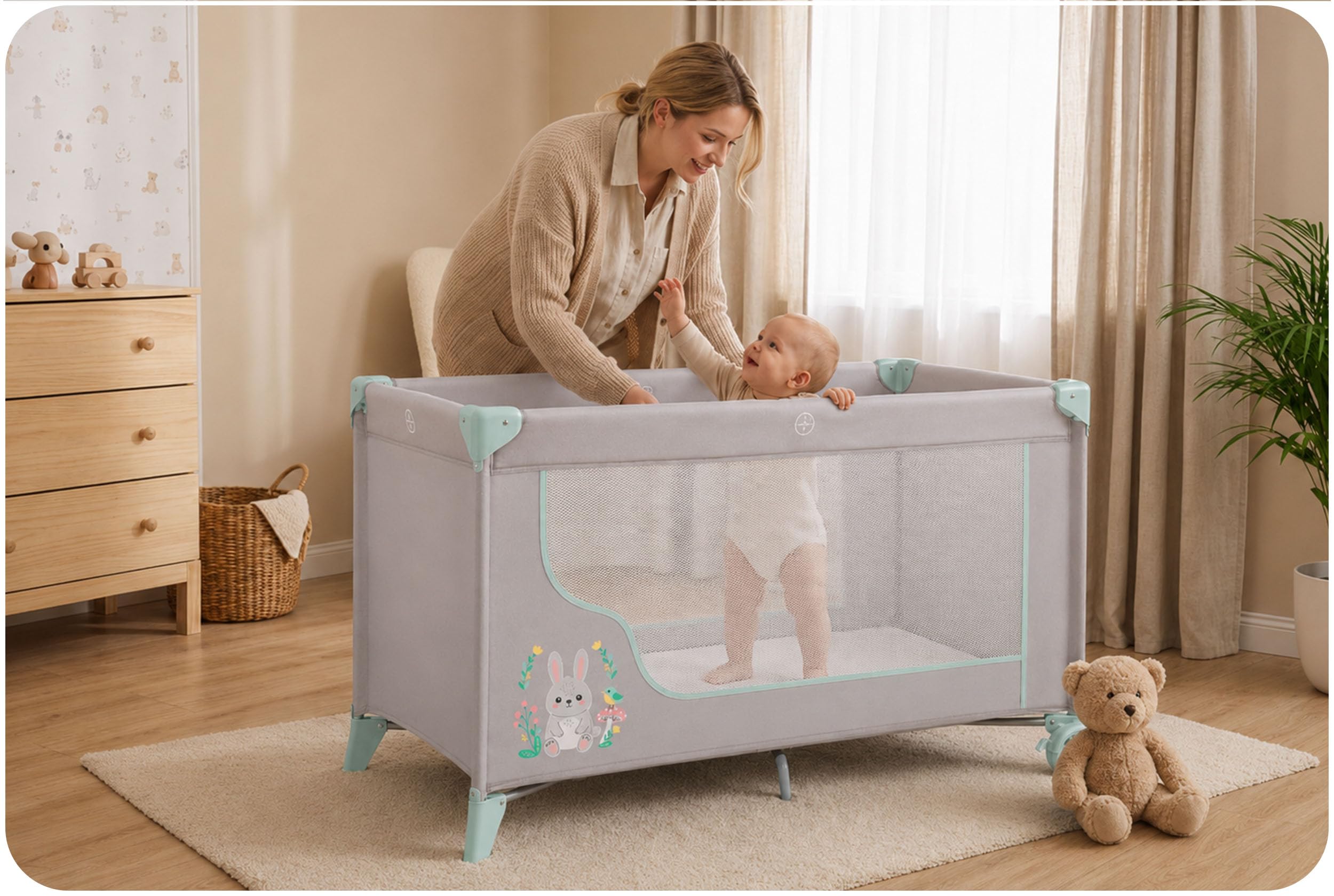 Ricokids Reisebett Baby Mit Matratze 123,5 x 64 x 76 cm Kinderreisebett Babybett Bis 15 kg 2 Räder Mit Bremsen Abnehmbarer Seiteneingang Transporttasche Faltbar Kompakt Hellgrau Lavendel