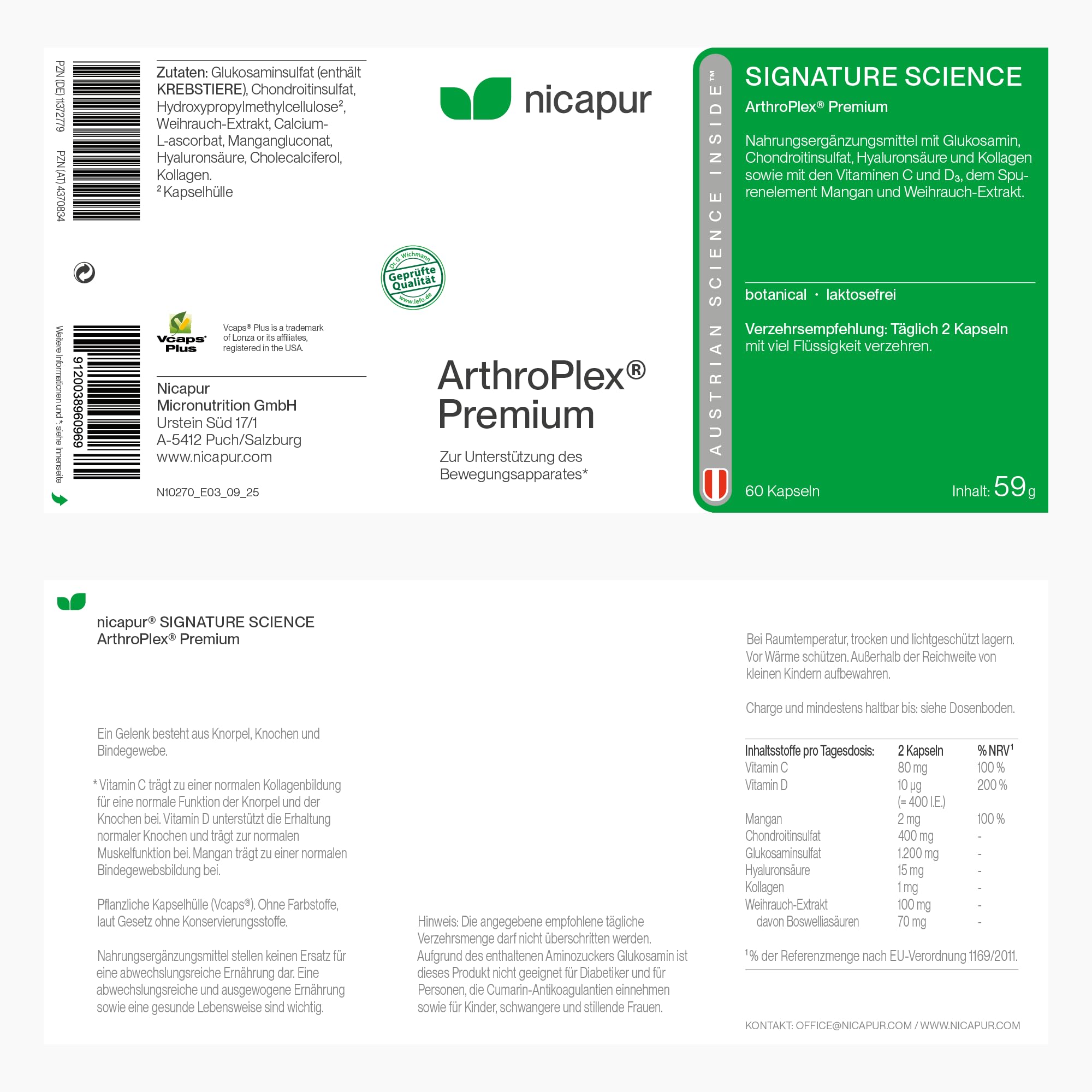 nicapur® ArthroPlex® Premium, für Knorpel und Gelenke, mit dem Spezial-Komplex ActiJoy®, den Vitaminen C und D, Mangan und Weihrauch-Extrakt, Reinsubstanz ohne Zusatzstoffe, 60 Kapseln