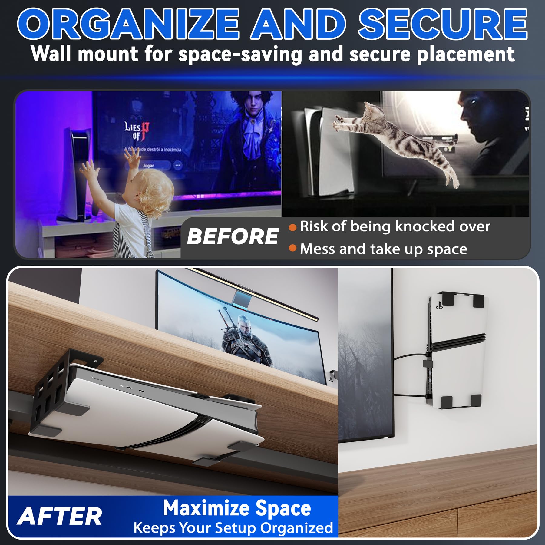 sciuU Supporto Orizzontale Sotto Scrivania/Supporto Parete Verticale compatibile con PS5 Pro Digital, PS5 Slim Digital, Xbox Series S, Xbox One – Porta Console da Muro/Tavolo in Acciaio Inox