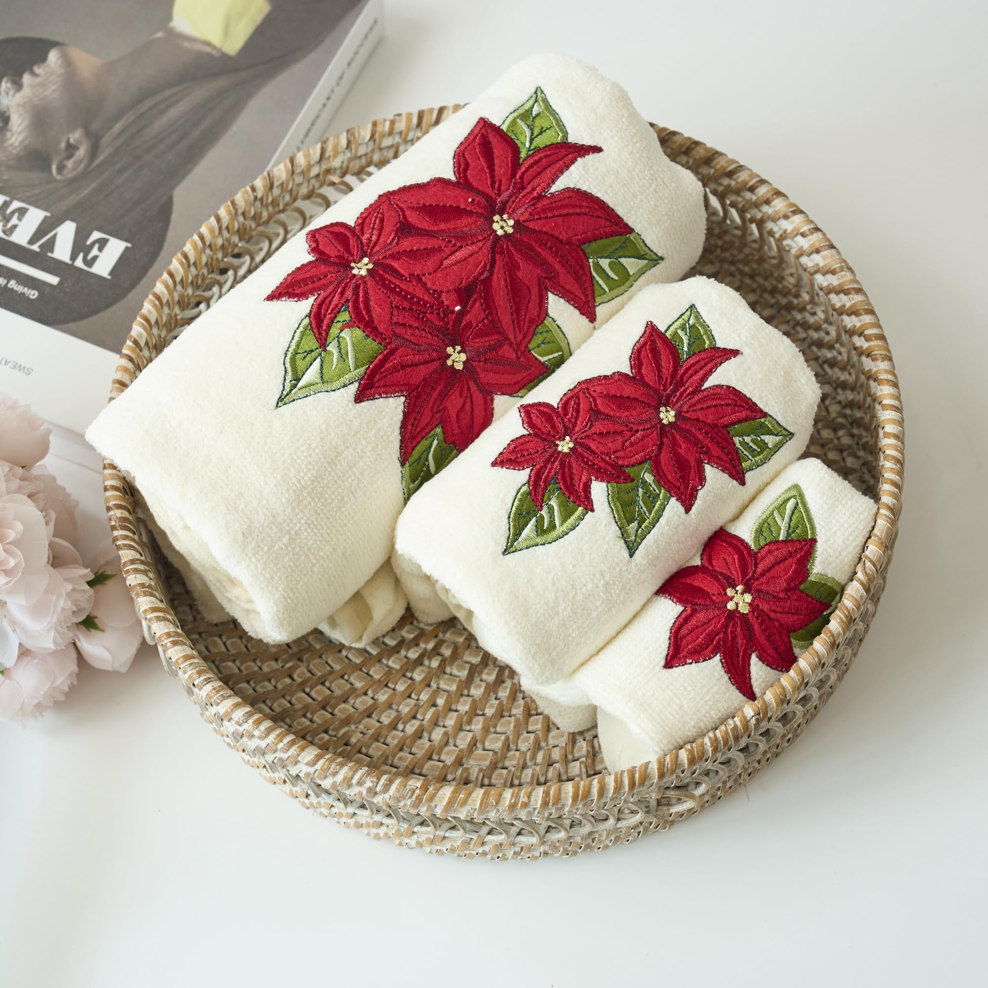Marina Decoration Xmas Premium Luxury Decor Ultra Soft 100% Cotton Embroidered Bathroom Modern Christmas 3 Piece Towel Set, Red Poinsettia Flower with