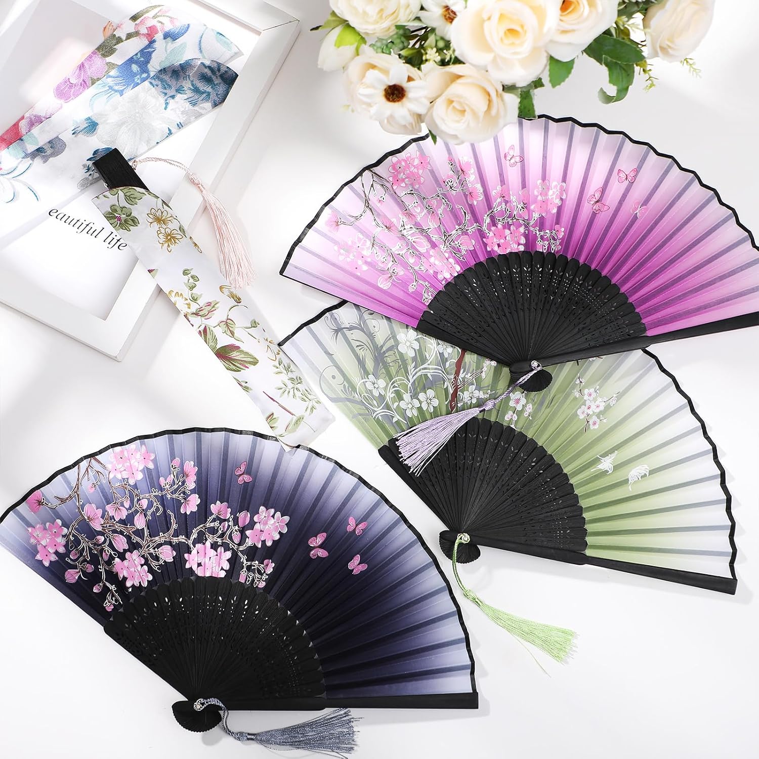 Zonon 4 Pack Handheld Floral Folding Fans Hand Held Silk Bamboo Fans with Tassel Women Hollowed Hand Foldable Fan with Fabric Sleeve for Dancing Wedding Decoration Gifts(Fresh)