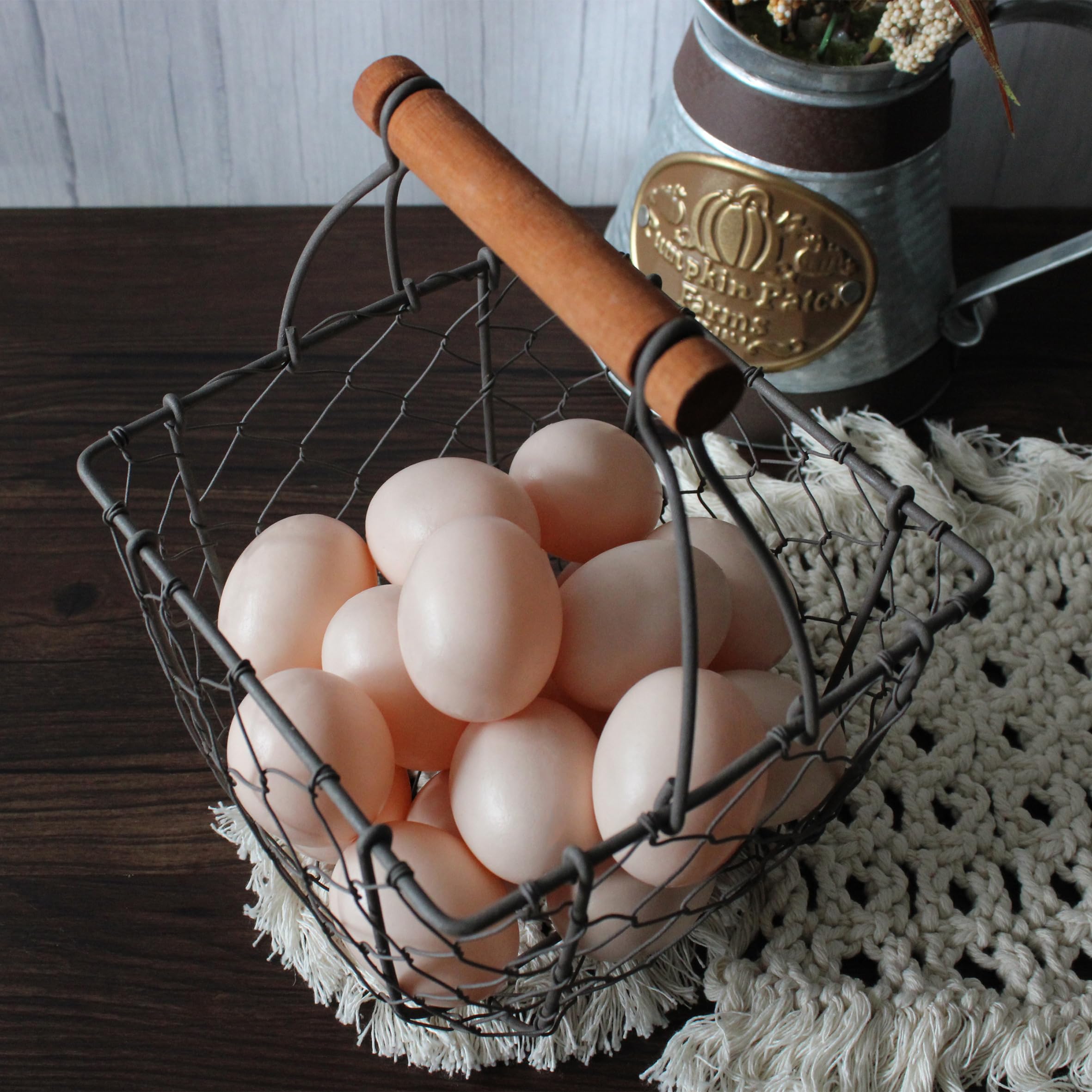 CVHOMEDECO. Cesta cuadrada de alambre para huevos Cesta de frutas con asa de madera Primitives Cesta de recolección vintage. Oxidado