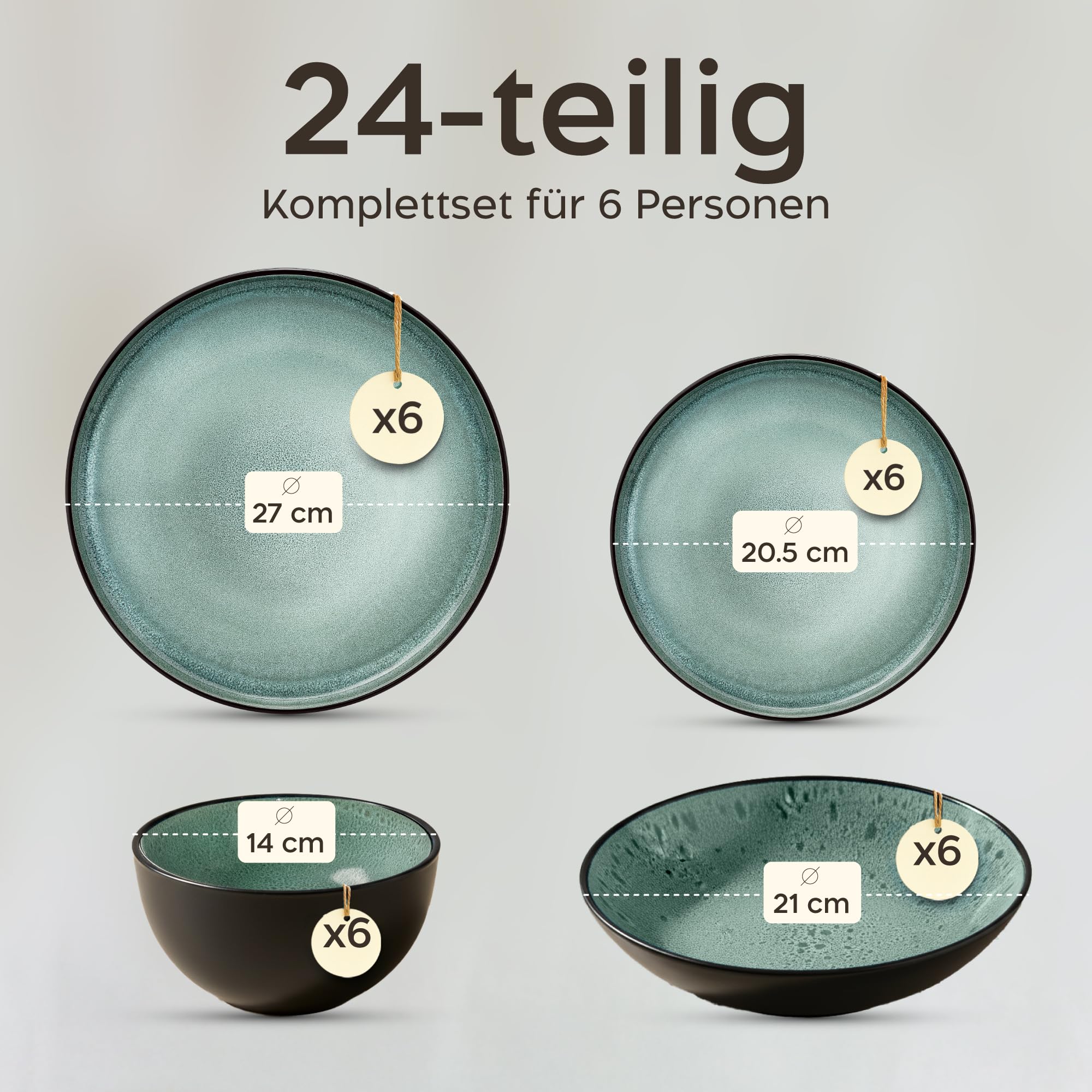 Twinzee Steingut Geschirrset 24-teilig für 6 Personen - Schüssel- und Teller Set - Tafelservice Mikrowellengeeignet aus Steinzeug - Riviera Kollektion