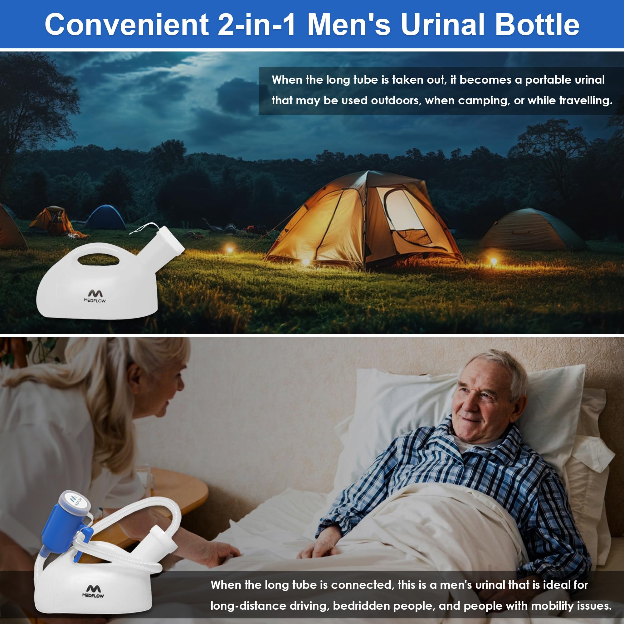 Urinoir portable pour homme, 2 000 ml, anti-déversement, réutilisable, avec tuyau de 122 cm de long avec couvercle, pour patients alités, blanc