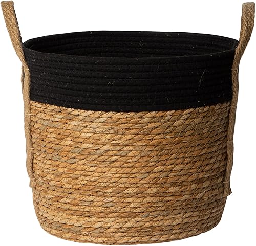 Coastal Charm - Exquisita canasta tejida de hierba marina con asas, solución de almacenamiento natural atemporal versátil y elegante en ribete negro