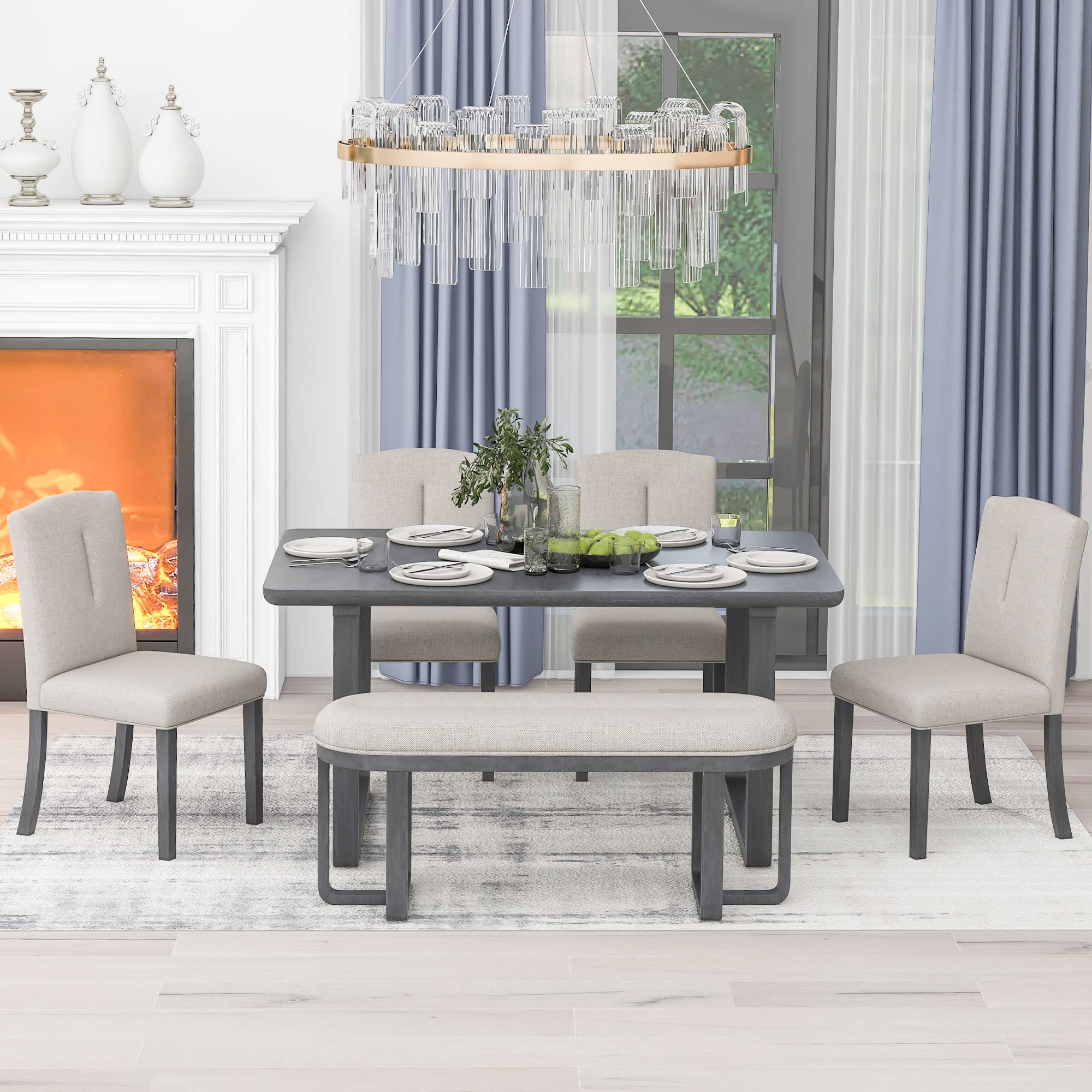 RUNWON 6 Piece Dining Table Set with 4 Upholstered Chairs & Bench,Comfortable Foam-Covered Seat Backs & Cushions,Retro-Style, Gray+Beige