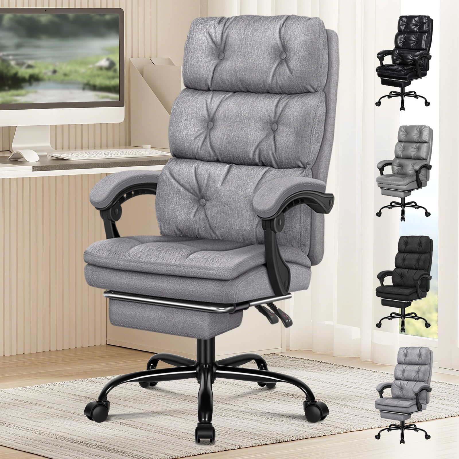 ELFORDSON Executive Office Chair with Dual-layer Cushion, Computer Desk Chairs with Armrest Footrest, High Back 150° Recliner Tilting 360° Swivel, Loads 180KG, Fabric Linen, Grey