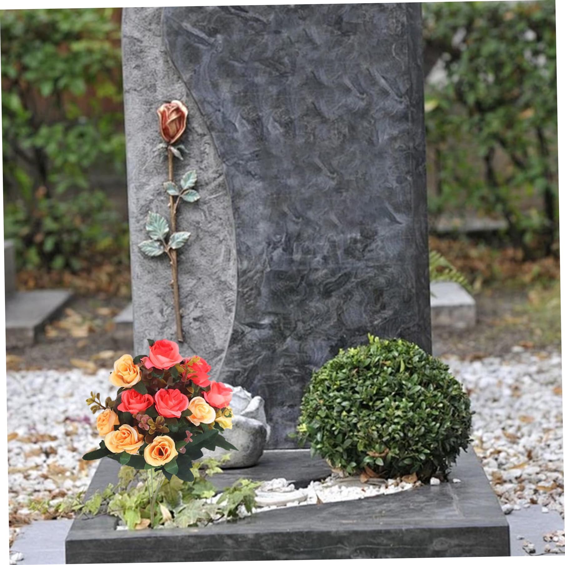 4 mazzi di Rose finte da cimitero da 11, 8'', a 12 Teste, in Seta, Fiori commemorativi per la Decorazione del Vaso della Tomba, Arancione