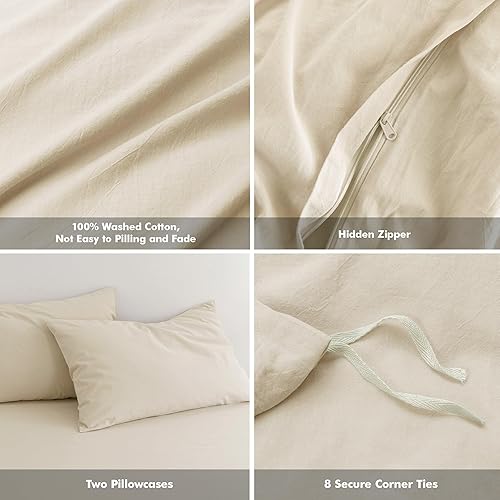 Miniatura 6 de FOSSA Juego de funda de edredón 100% algodón lavado, tacto súper suave, transpirable, acogedor, 3 piezas, juego de ropa de cama, color gris almendra