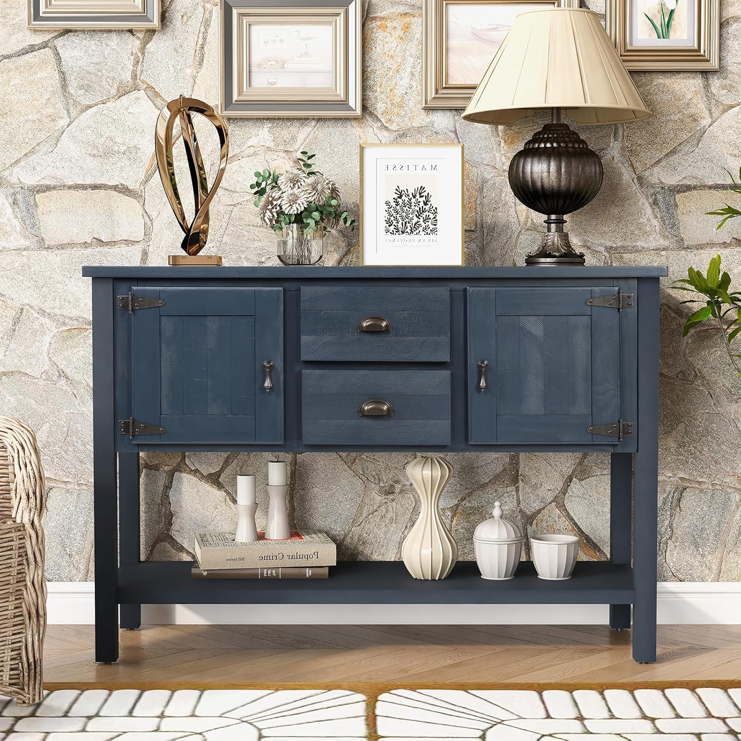 LKTART 46'' Sideboard Console Table Farmhouse Buffet Cabinet with Storage Drawers and Bottom Shelf for Living Room Kitchen Entryway Hallway Foyer Table Cupboard Coffee Bar Cabinet(Brown)