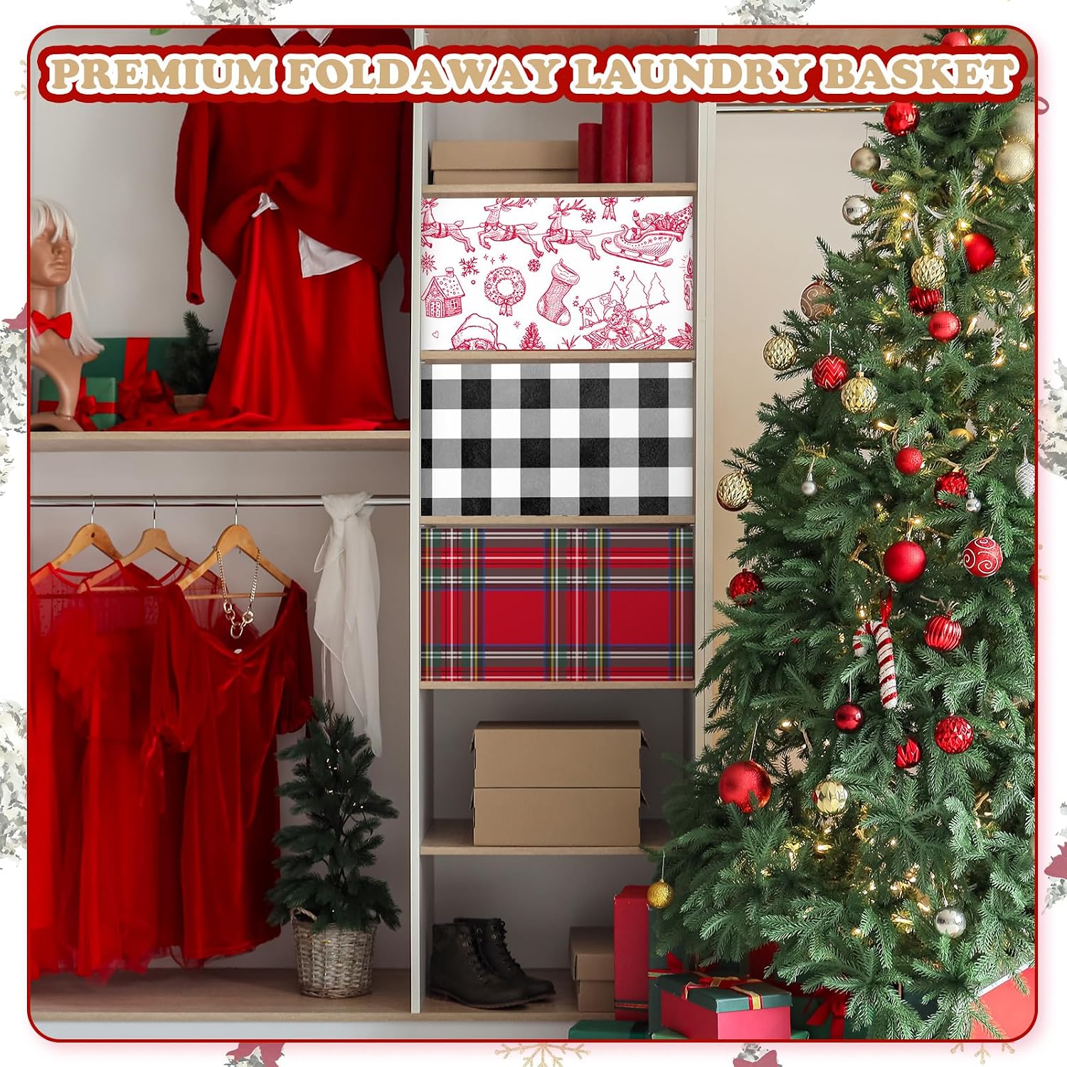 Boao 3 Pcs Christmas Foldable Storage Bins Red Black Plaid Laundry Basket with Handles Waterproof Elk Santa Claus Fabric Shelf Baskets for Organizing Closet Clothes