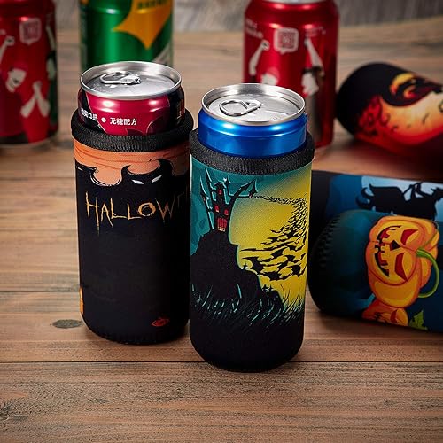 Miniatura 7 de 6 fundas enfriadoras de latas de Halloween de 12 onzas, calabaza, bruja, murciélago, fundas para botellas, fundas para latas de cerveza de