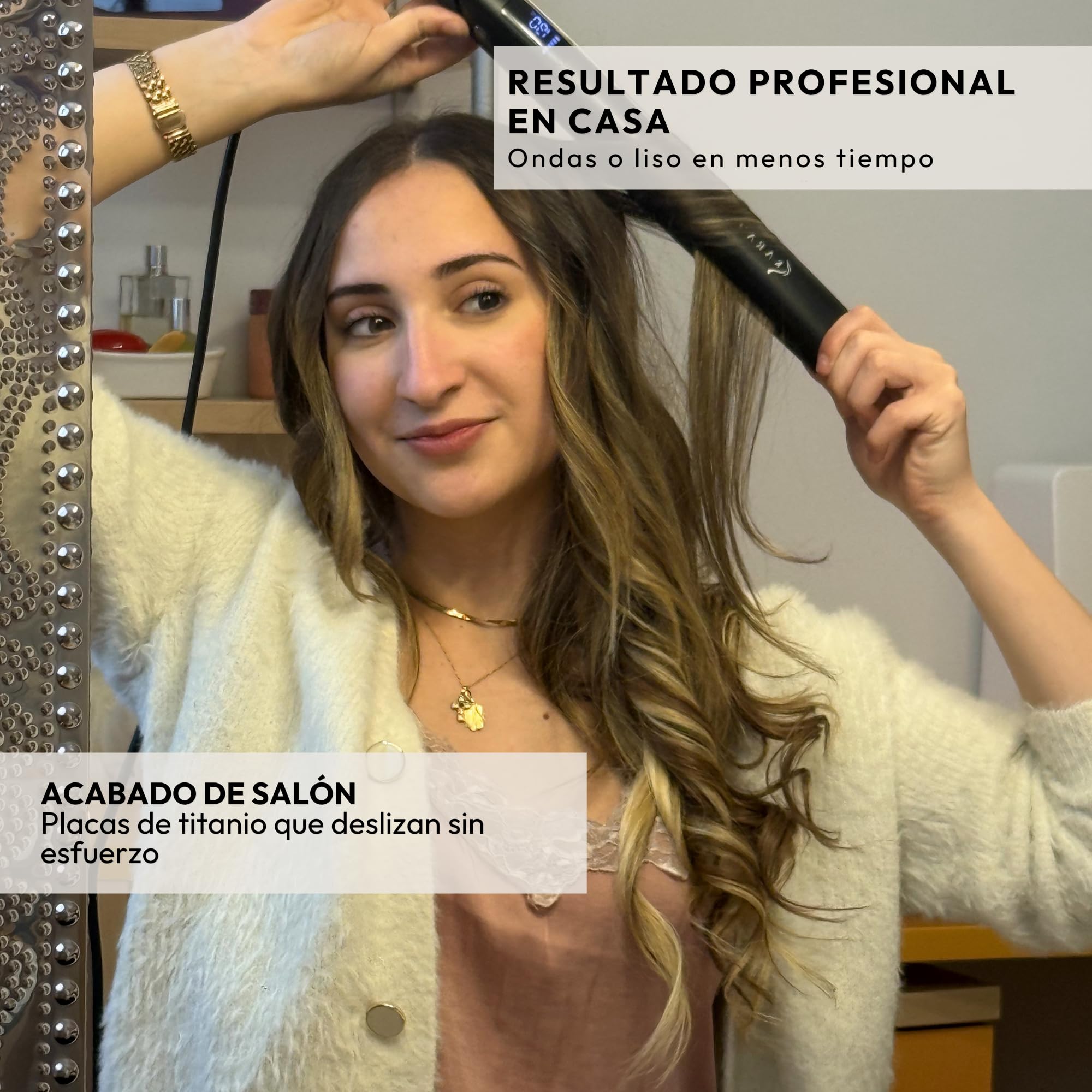 Karah Straightener Pro - Plancha del pelo profesional con placas de titanio, plancha para cabello con iones, temperatura máxima 250º para alisar y ondular, perfectas ondas surferas. Hair Straightener
