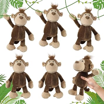 6 Pcs Safari Stuffed Animals Bulk Lion Elephant Monkey Tiger Toy Plush Zoo Animals Junble for Boy Girl Gift Animal Themed Parties Baby Shower FavorMonkey