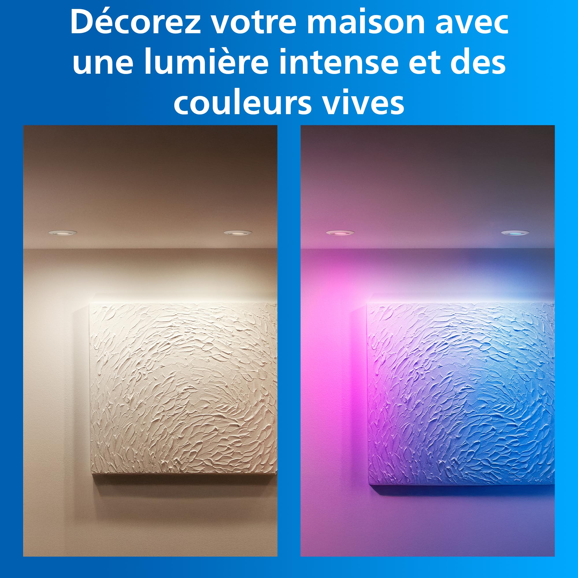 Philips Smart Lighting Kit GU10, Pack de 4, Spot Plafond, Blanc et Couleur Réglable, Tête Inclinable, Intensité Réglable, Commandes via App et Voix, Blanc